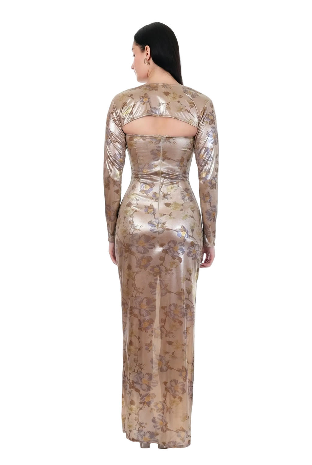 Aurette Metallic Floral Long-Sleeve Maxi Dress
