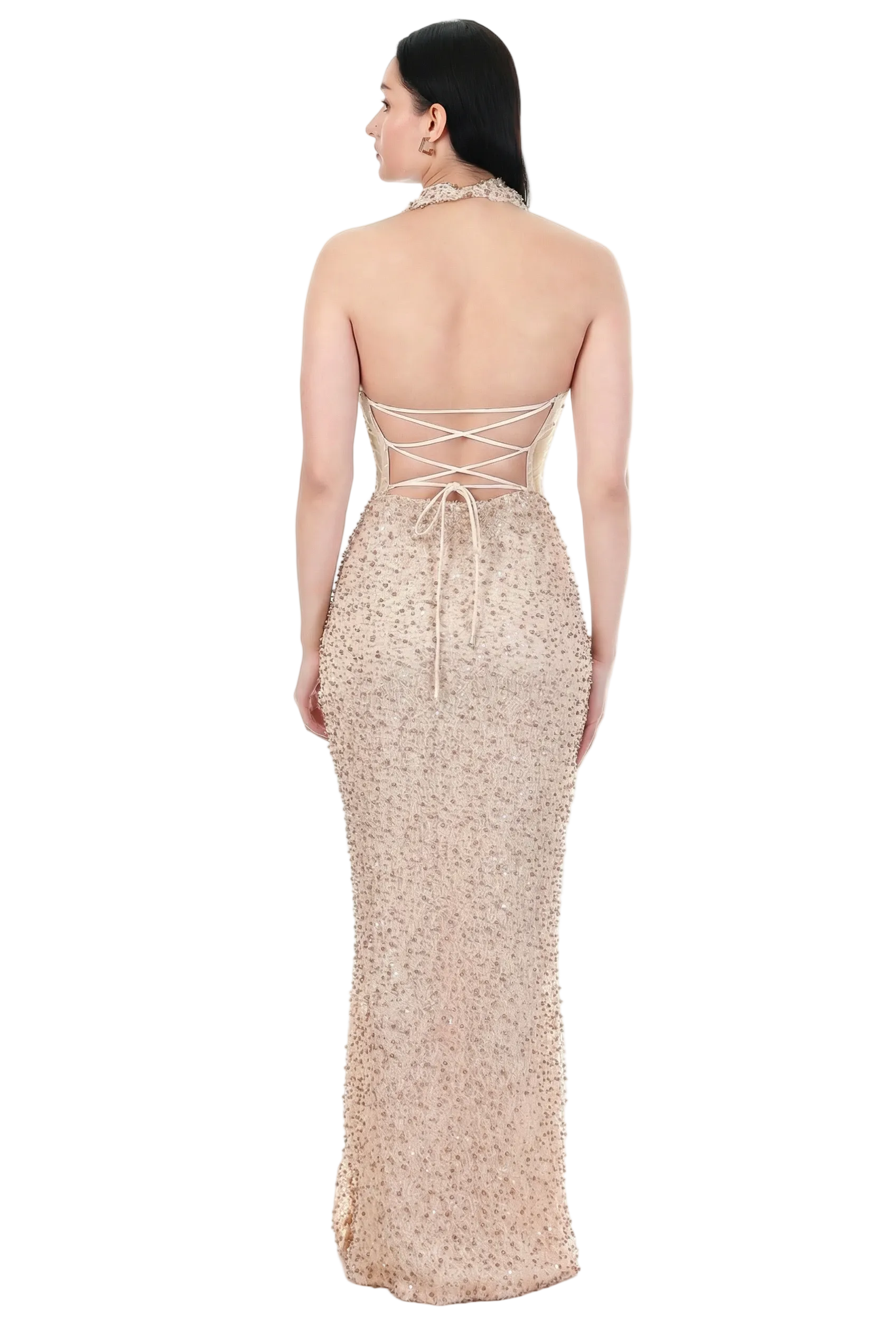 Champagne Veil Embellished Halter Gown