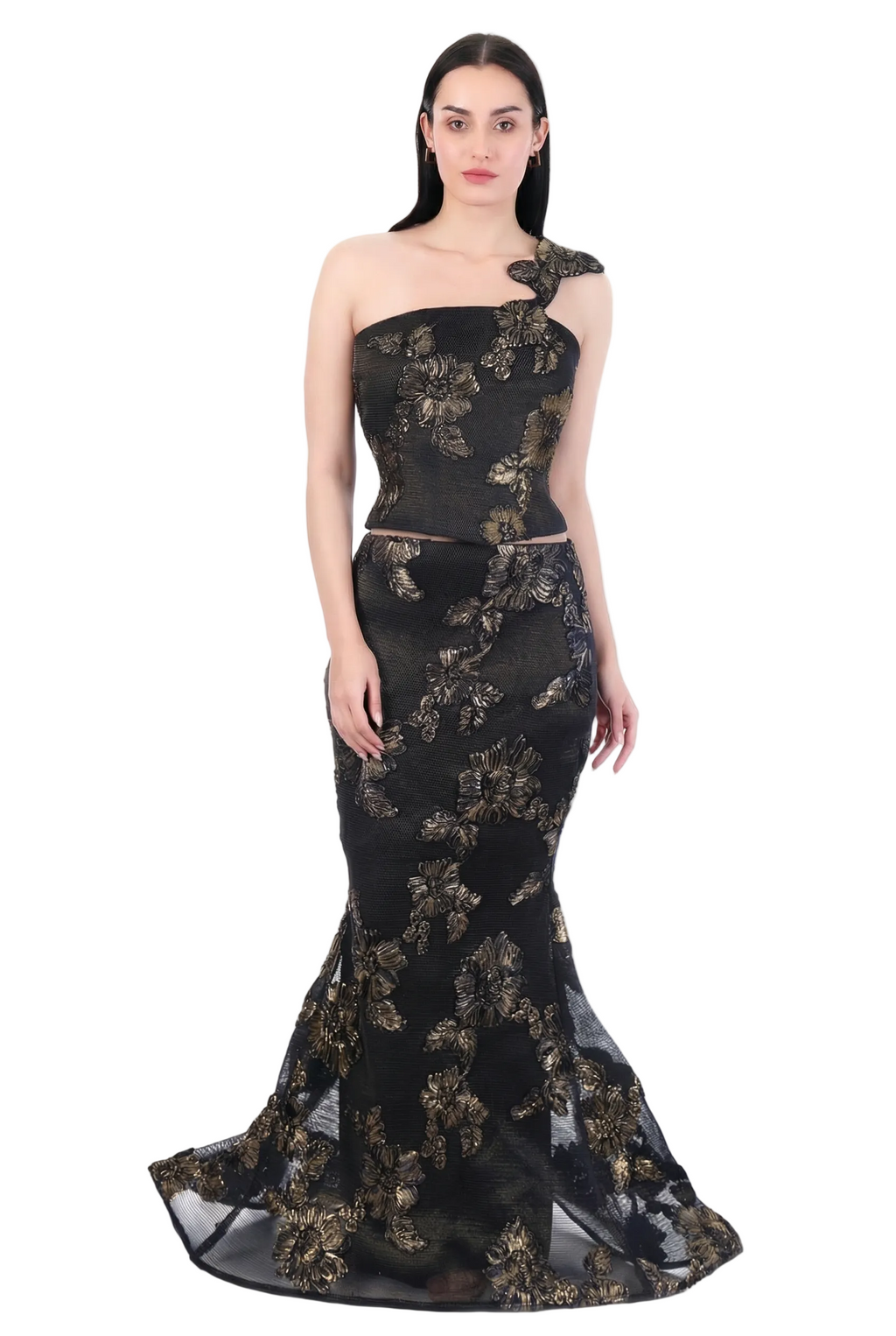 Midnight Bloom One-Shoulder Embroidered Co-Ord Set