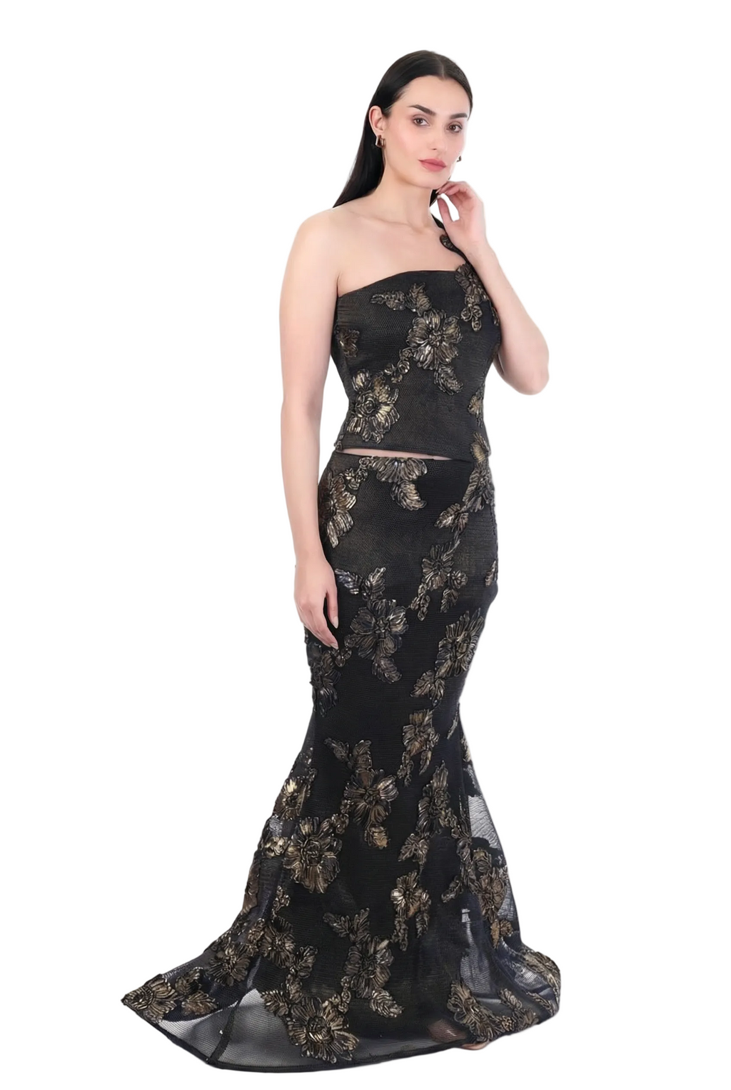 Midnight Bloom One-Shoulder Embroidered Co-Ord Set