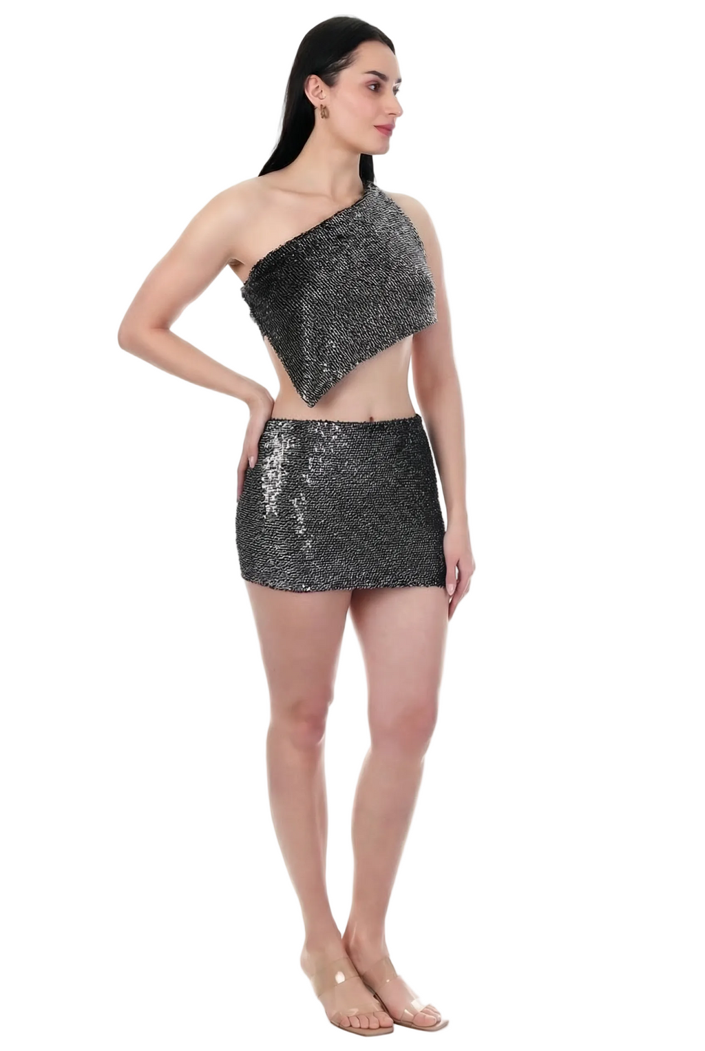 Obsidian Spark One-Shoulder Sequin Co-Ord Set