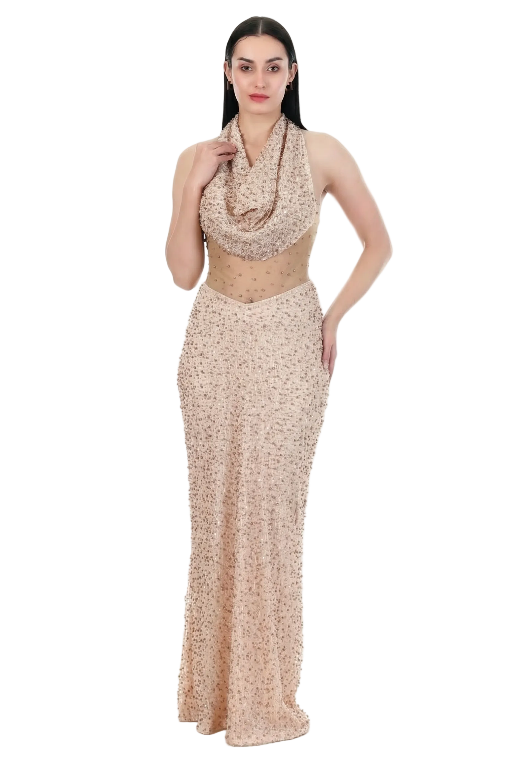 Champagne Veil Embellished Halter Gown
