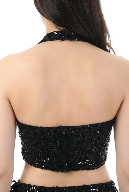 Black-Silver Halter Sequin Crop Top