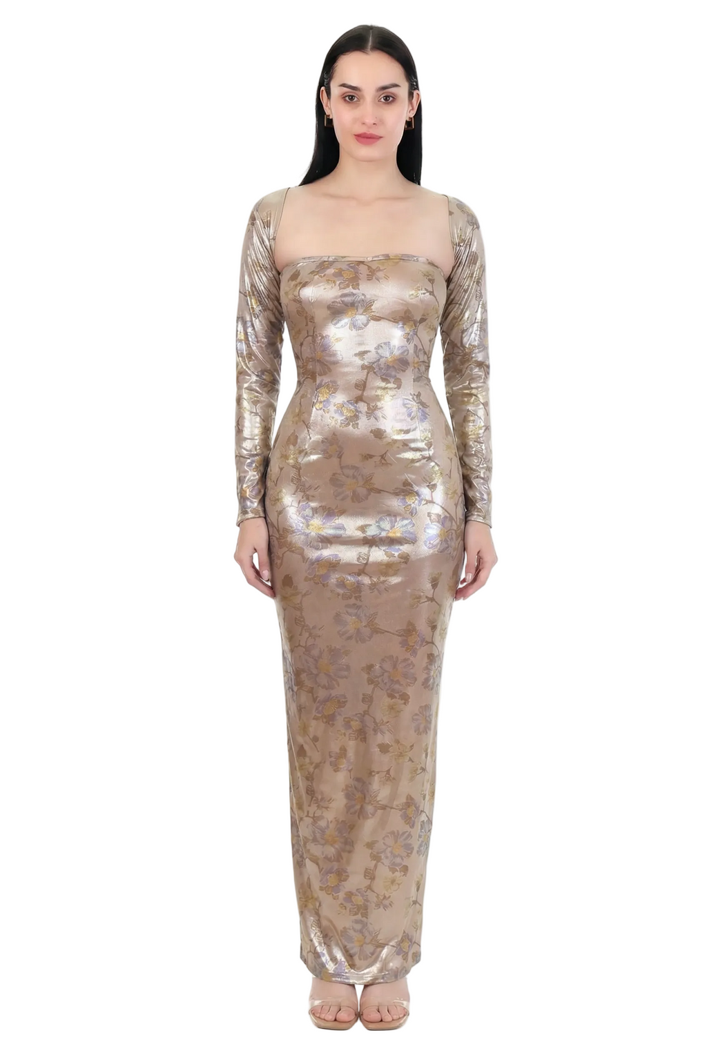 Aurette Metallic Floral Long-Sleeve Maxi Dress