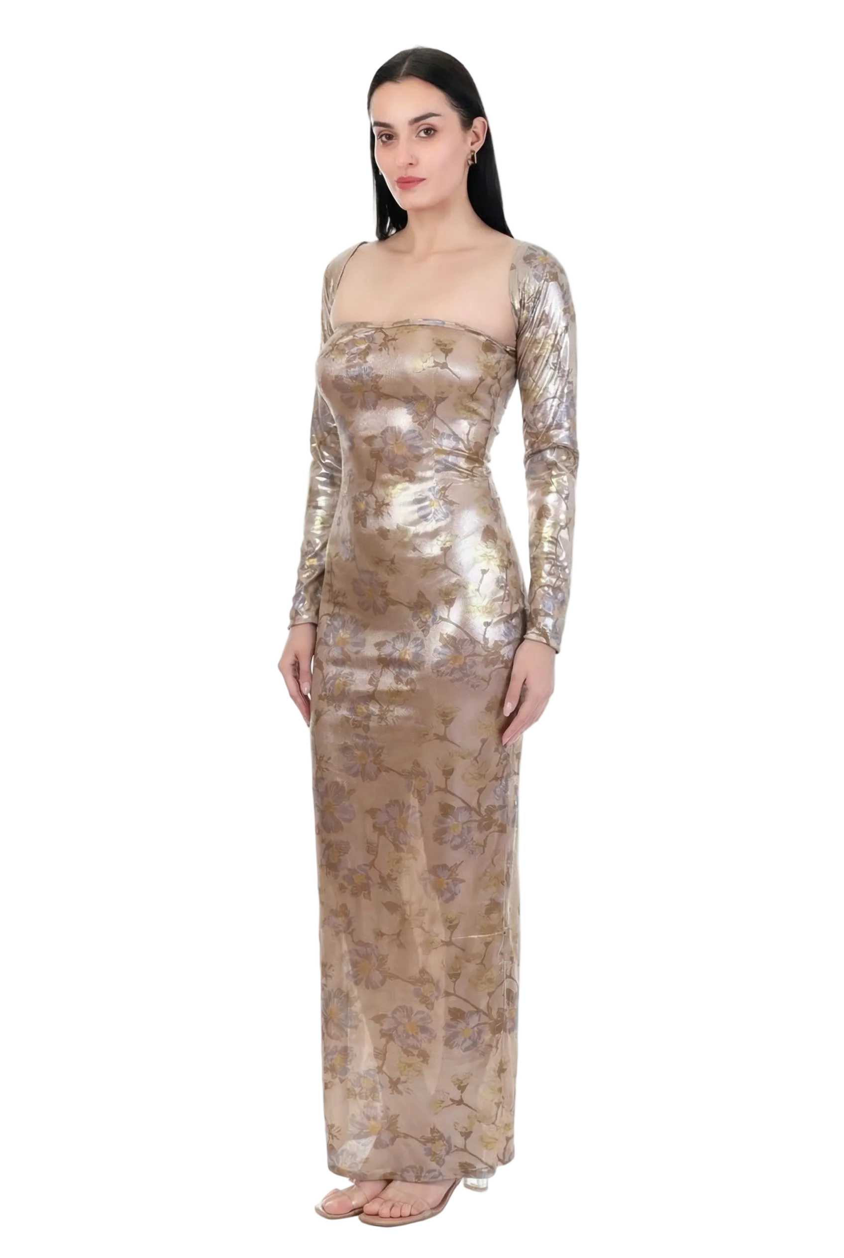 Aurette Metallic Floral Long-Sleeve Maxi Dress