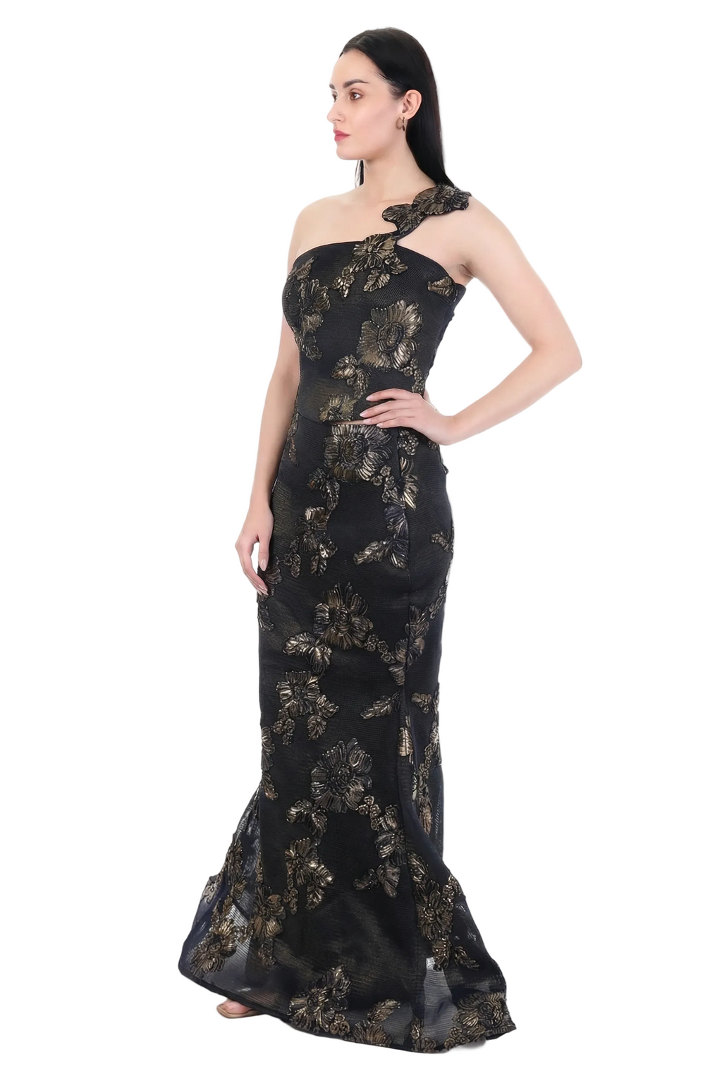 Midnight Bloom One-Shoulder Embroidered Co-Ord Set