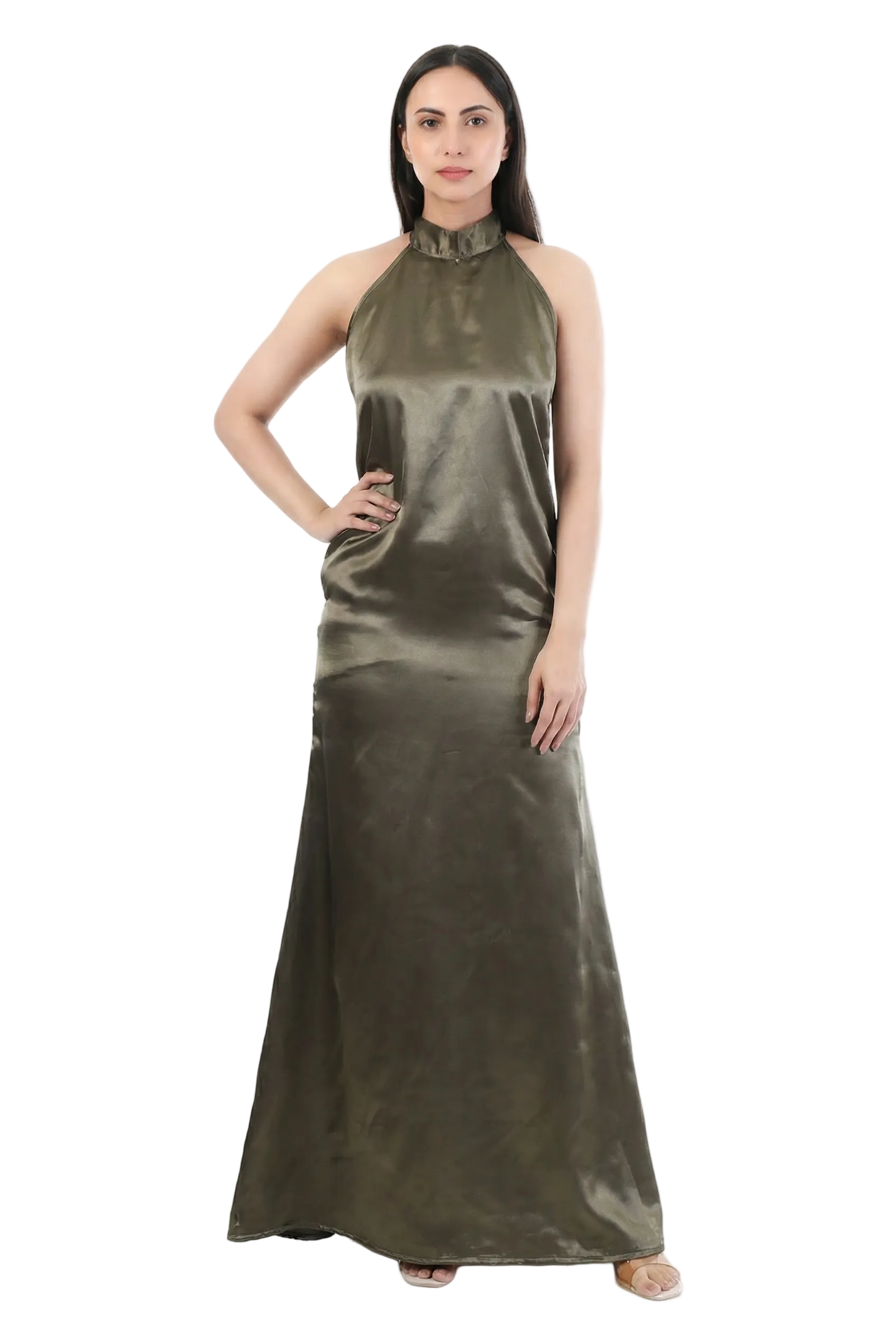 Olive Satin Halter Dress