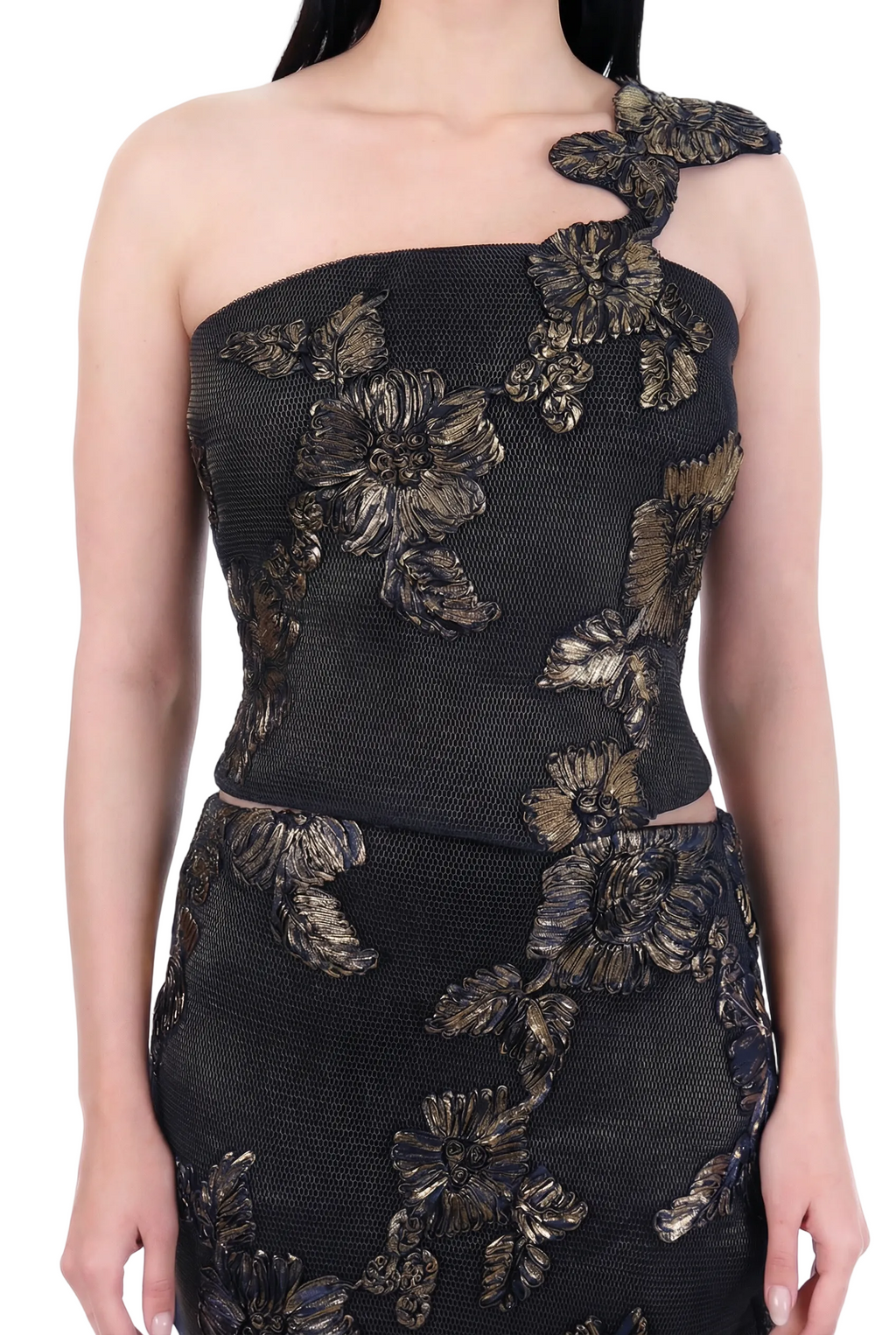 Midnight Bloom One-Shoulder Embroidered Co-Ord Set