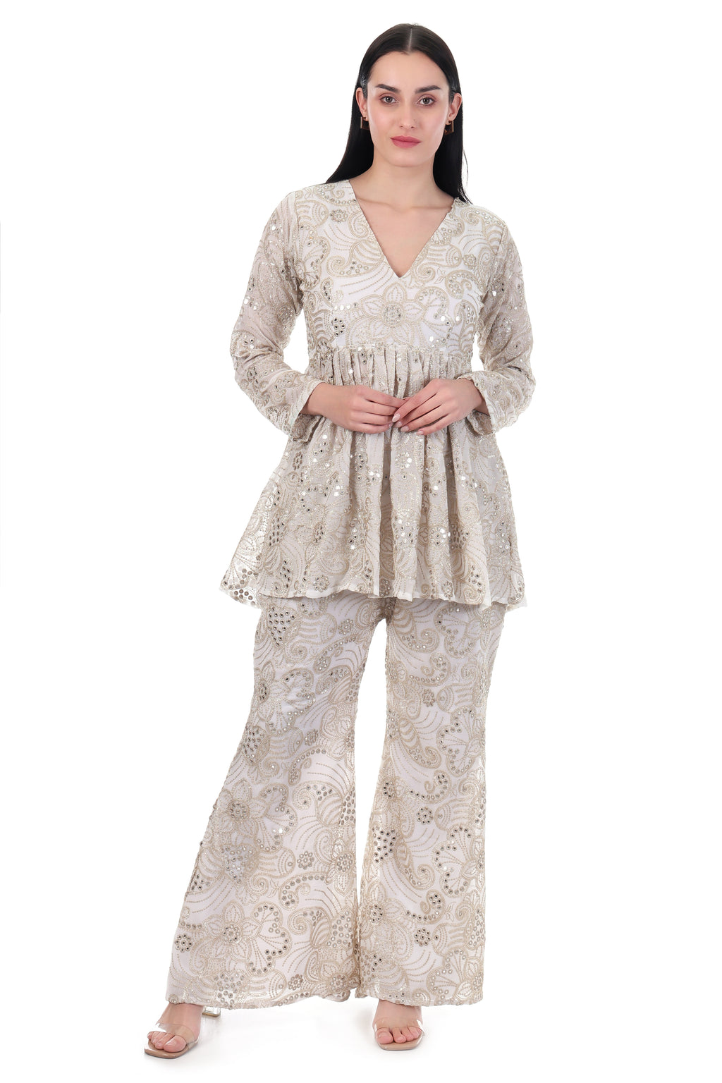Champagne Embellished Peplum Top & Palazzo Co-ord Set for Women