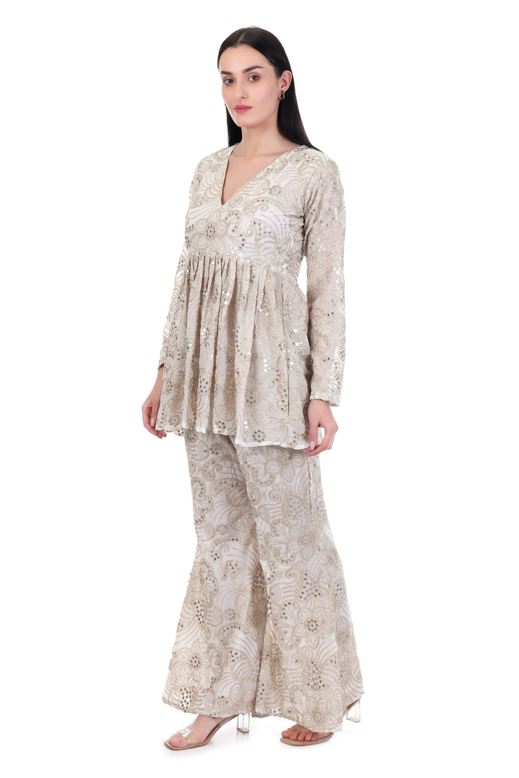 Champagne Embellished Peplum Top & Palazzo Co-ord Set for Women