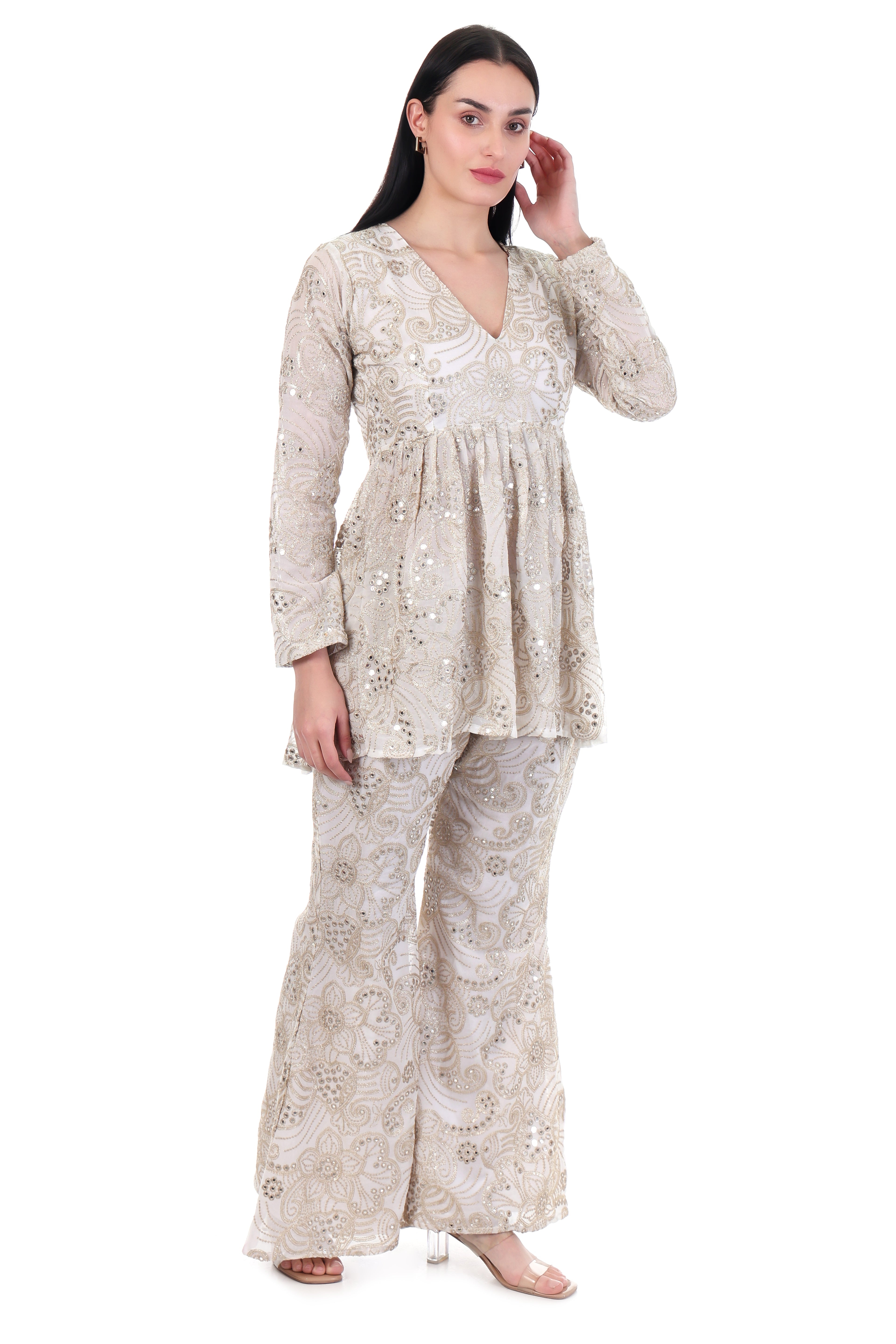 Champagne Embellished Peplum Top & Palazzo Co-ord Set for Women