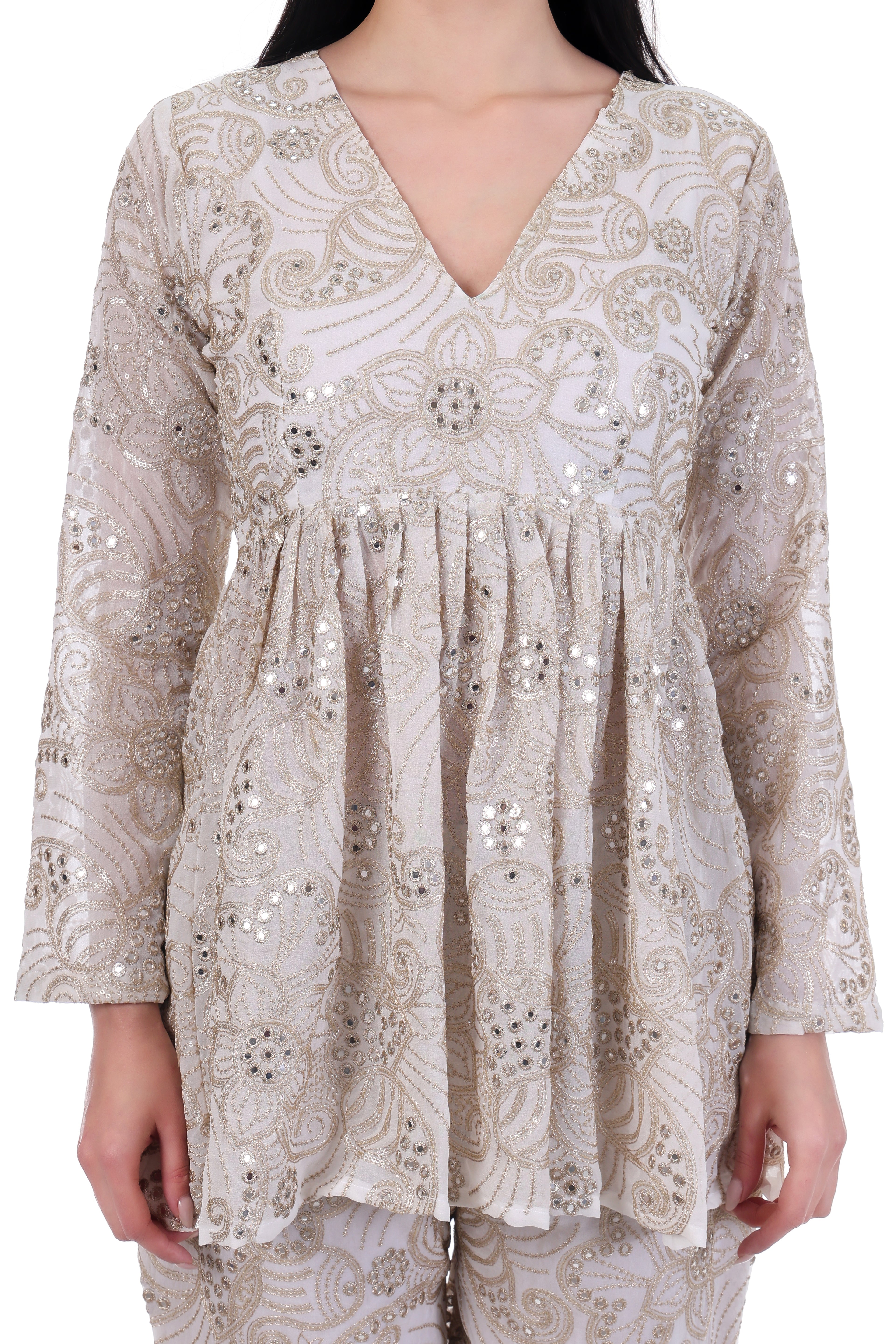 Champagne Embellished Peplum Top & Palazzo Co-ord Set for Women