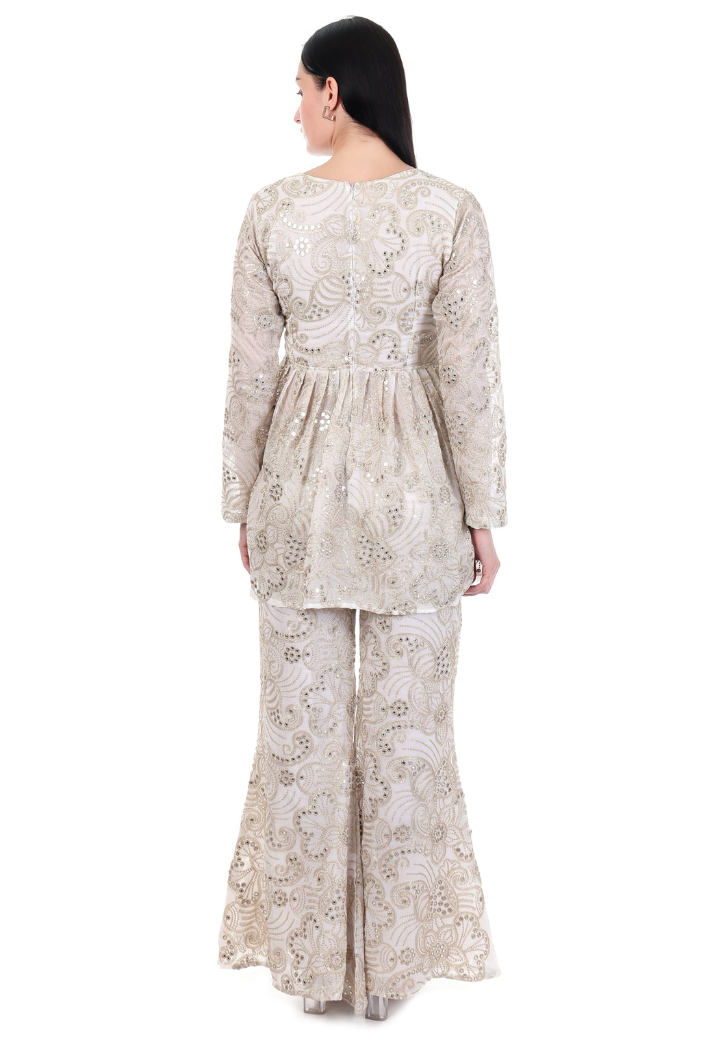 Champagne Embellished Peplum Top & Palazzo Co-ord Set for Women