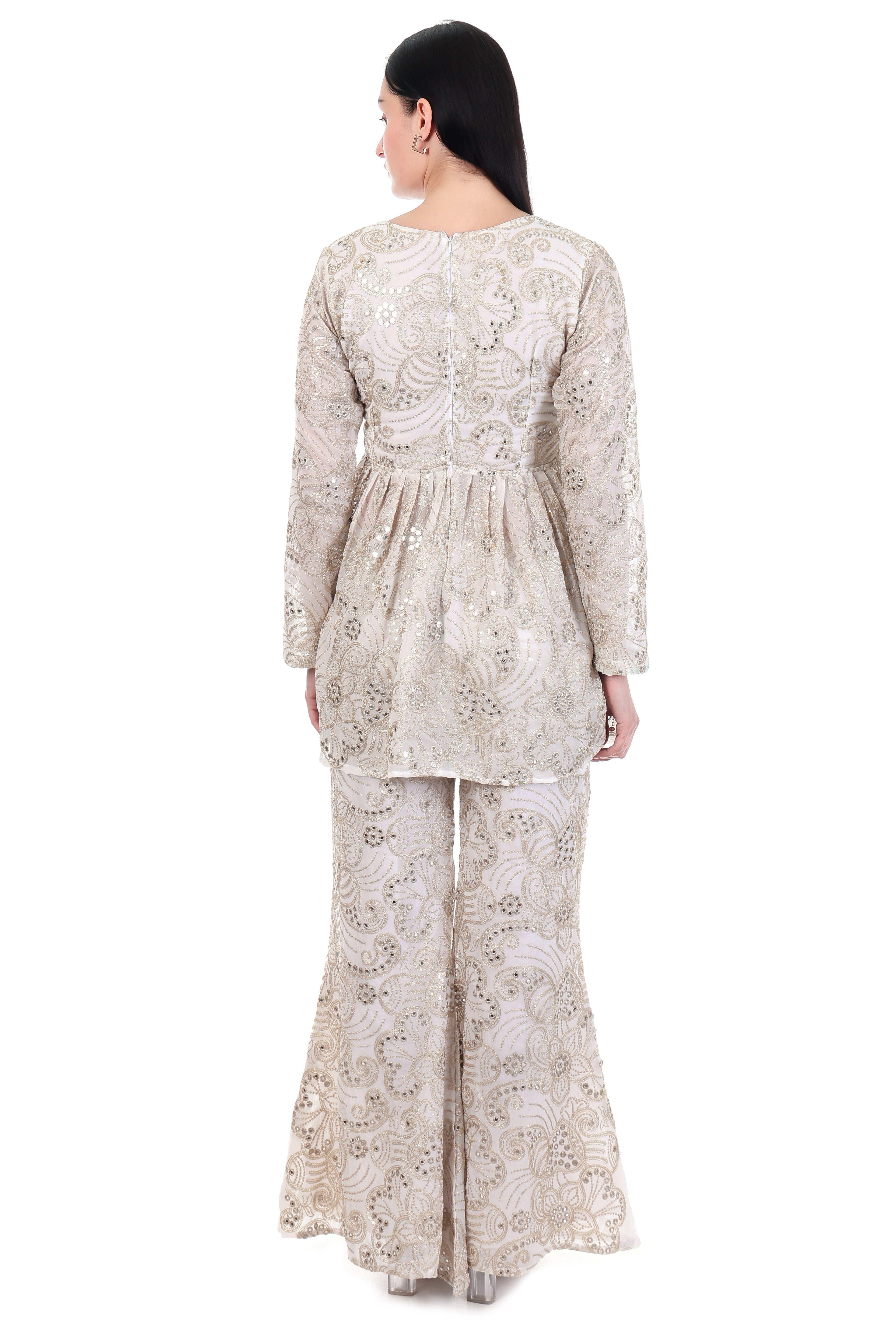 Champagne Embellished Peplum Top & Palazzo Co-ord Set for Women