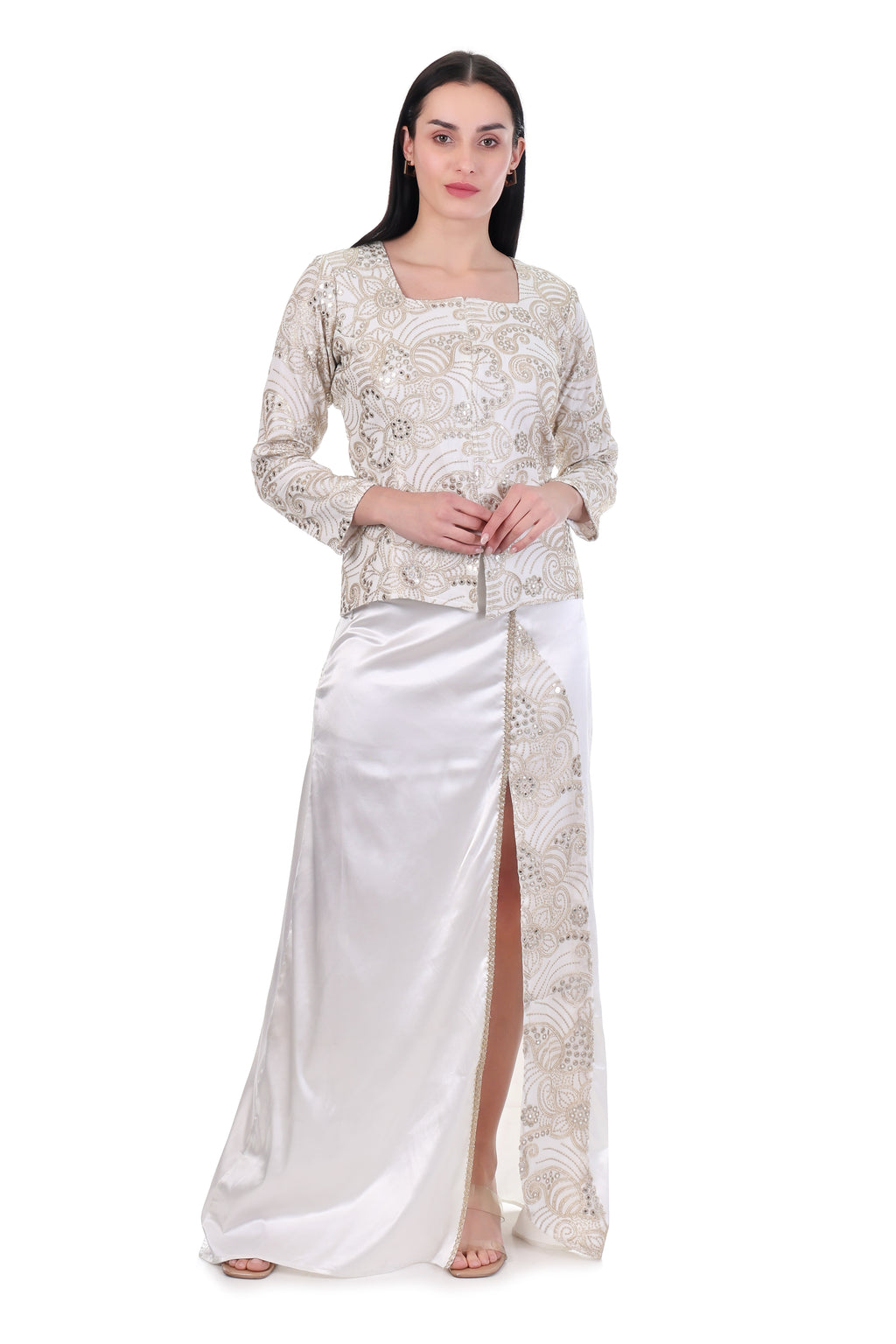 Ivory Embroidered Top with Satin Slit Maxi Skirt Co-Ord Set