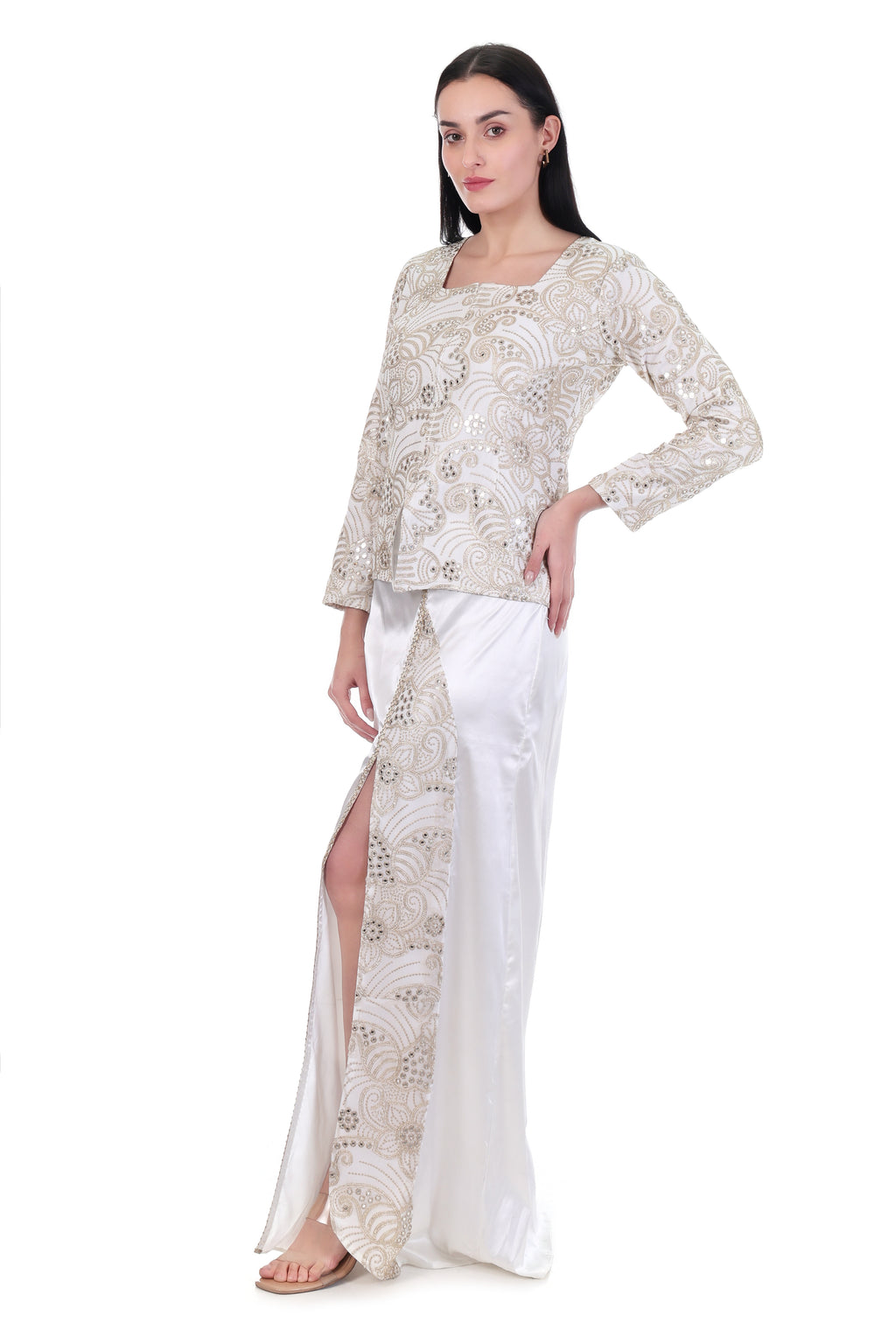 Ivory Embroidered Top with Satin Slit Maxi Skirt Co-Ord Set