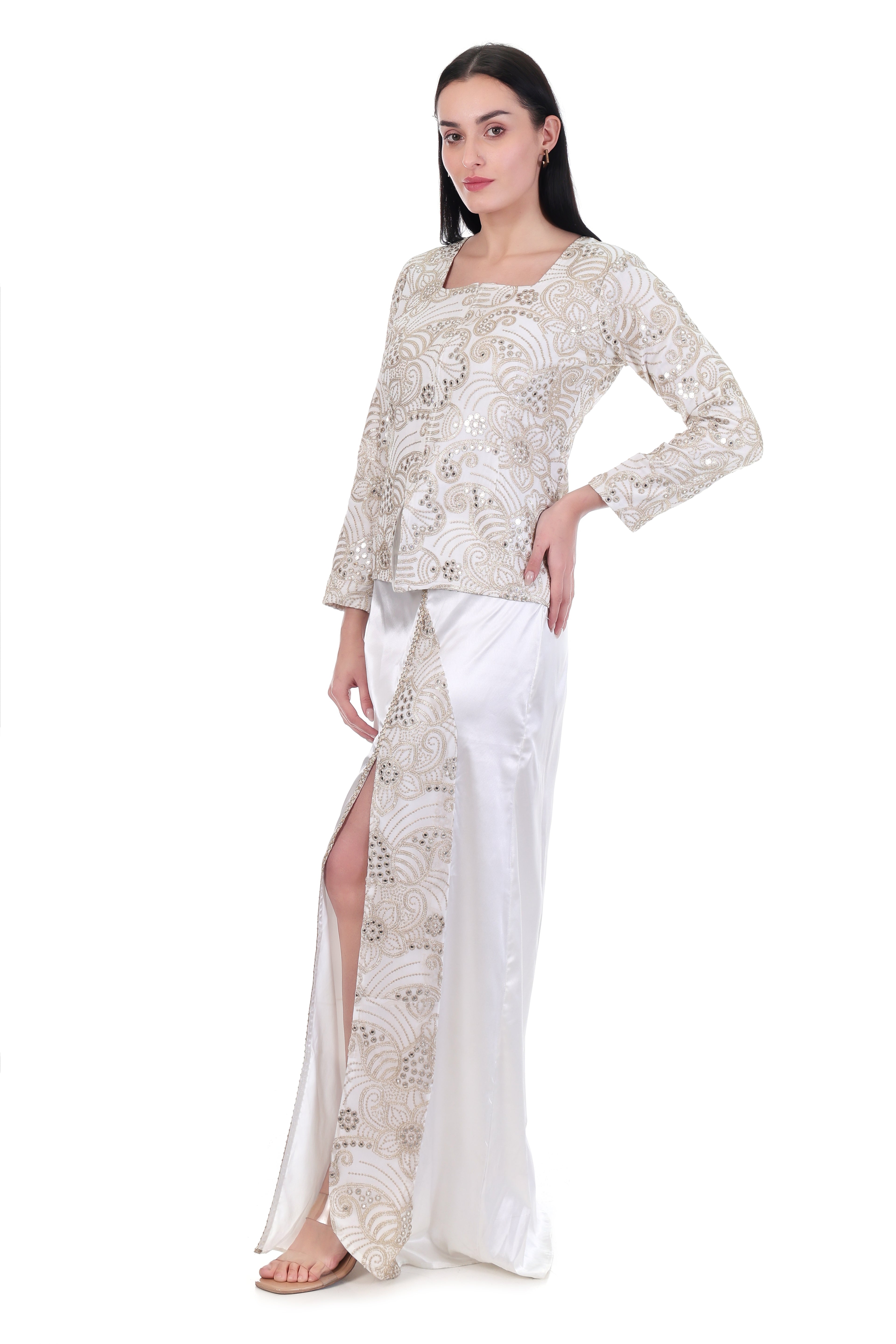 Ivory Embroidered Top with Satin Slit Maxi Skirt Co-Ord Set
