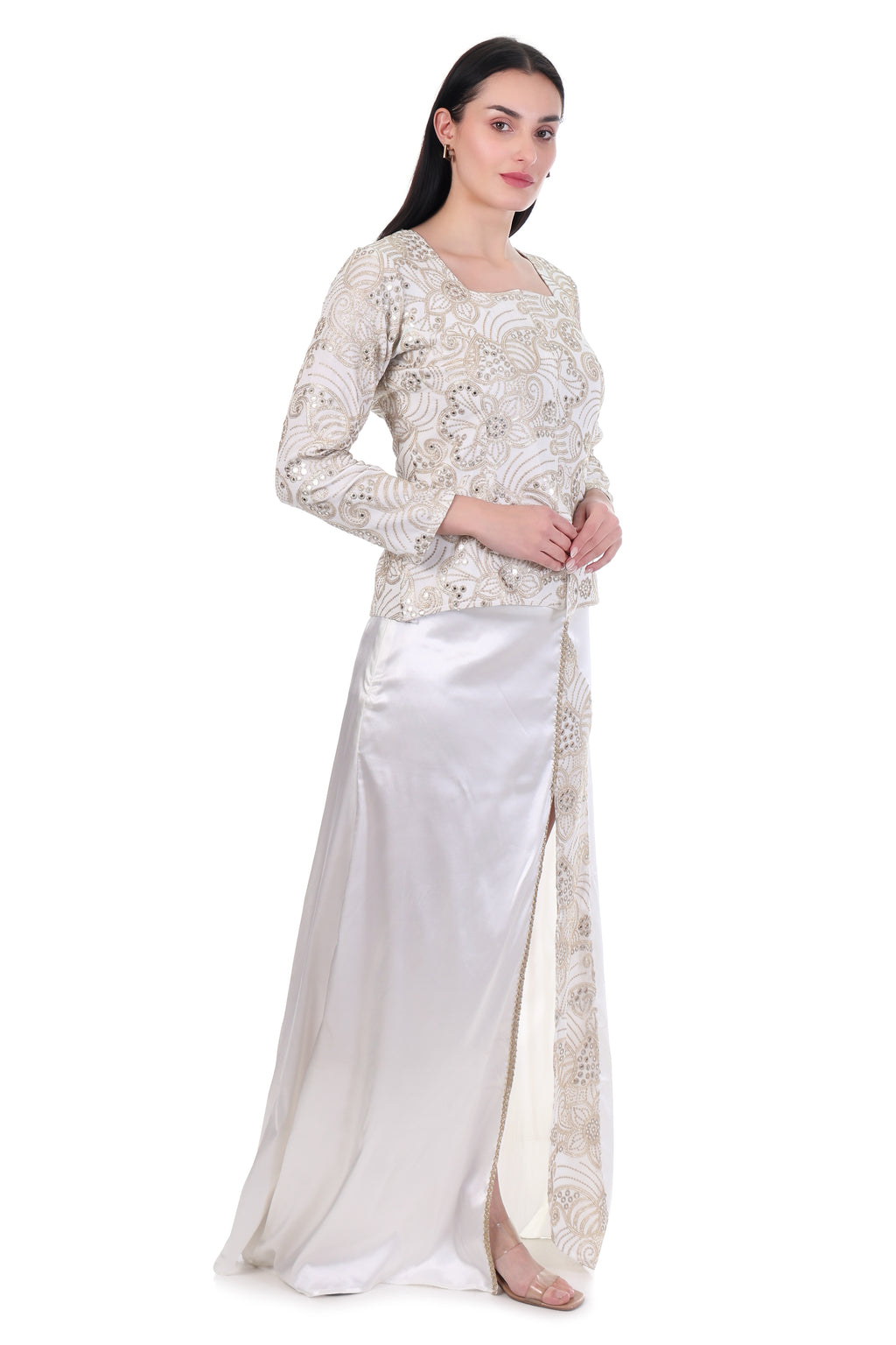 Ivory Embroidered Top with Satin Slit Maxi Skirt Co-Ord Set