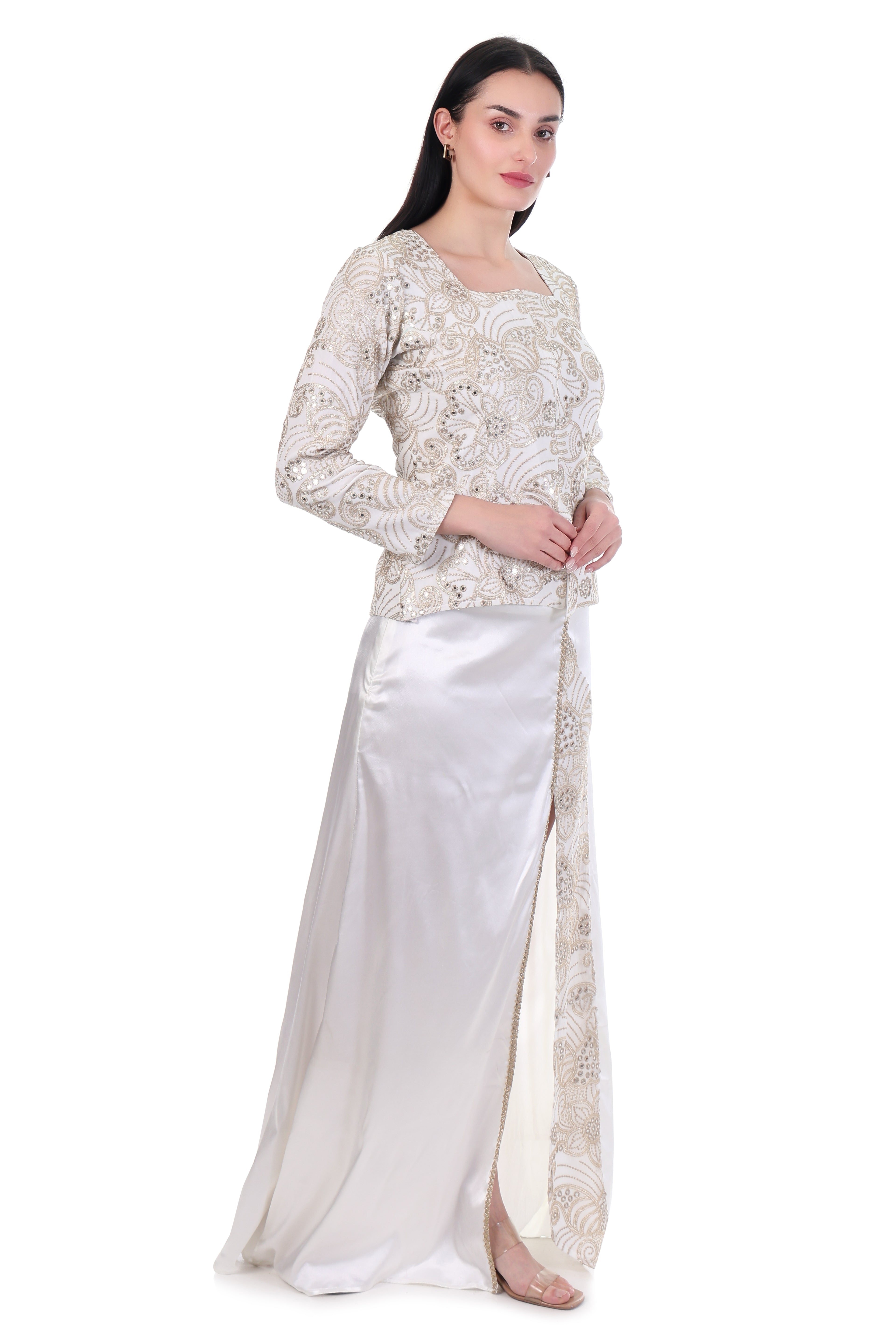 Ivory Embroidered Top with Satin Slit Maxi Skirt Co-Ord Set