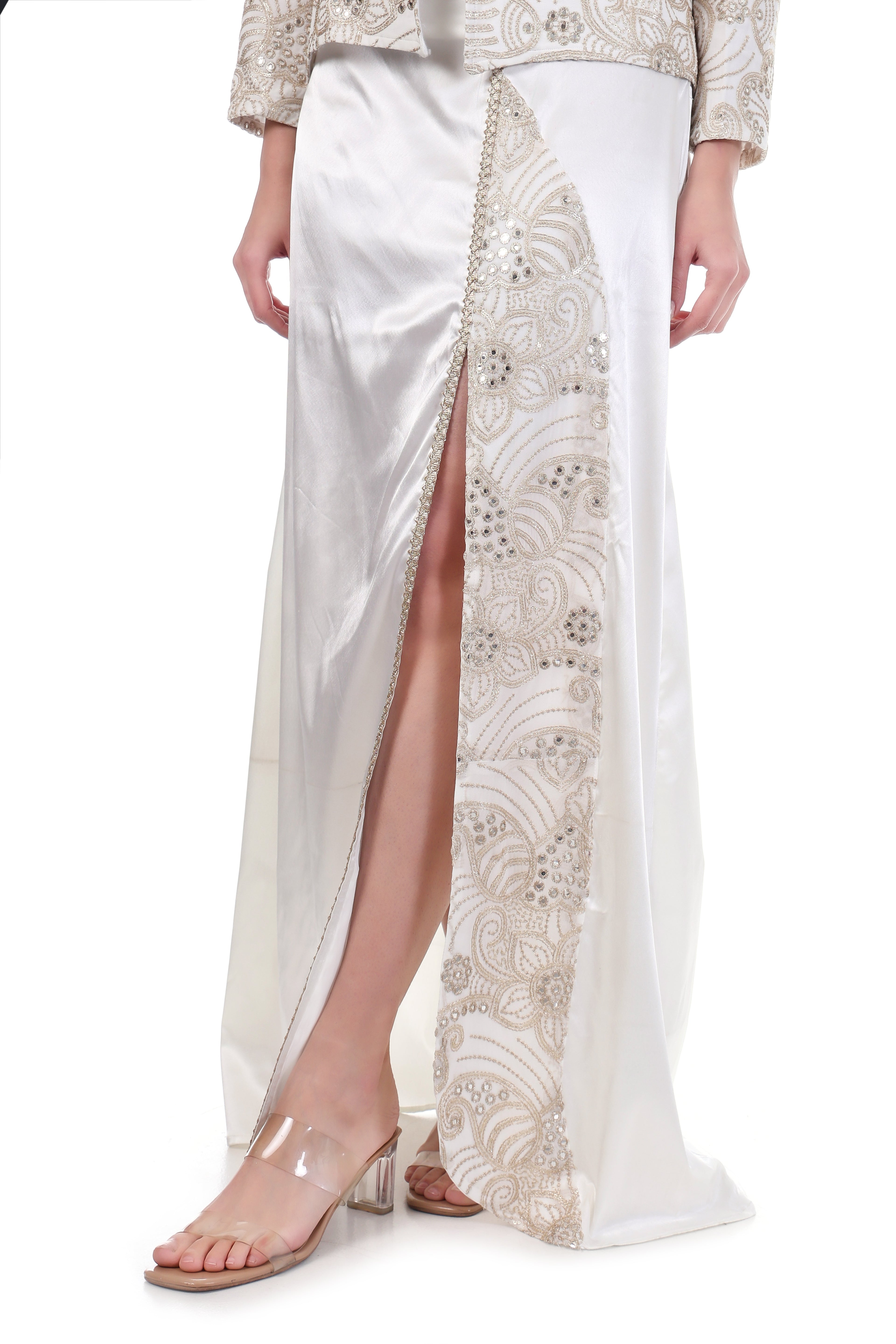 Ivory Embroidered Top with Satin Slit Maxi Skirt Co-Ord Set