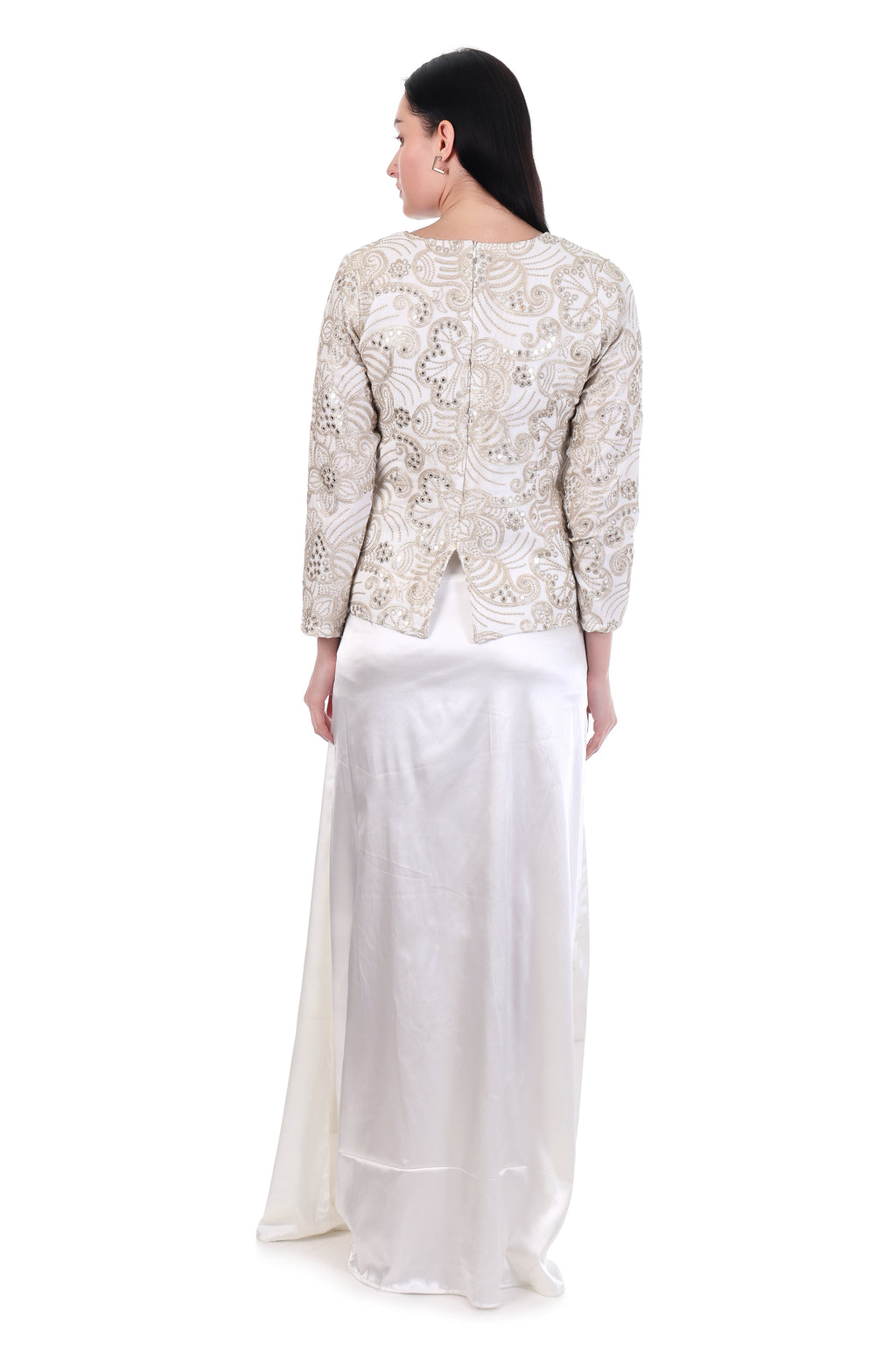 Ivory Embroidered Top with Satin Slit Maxi Skirt Co-Ord Set