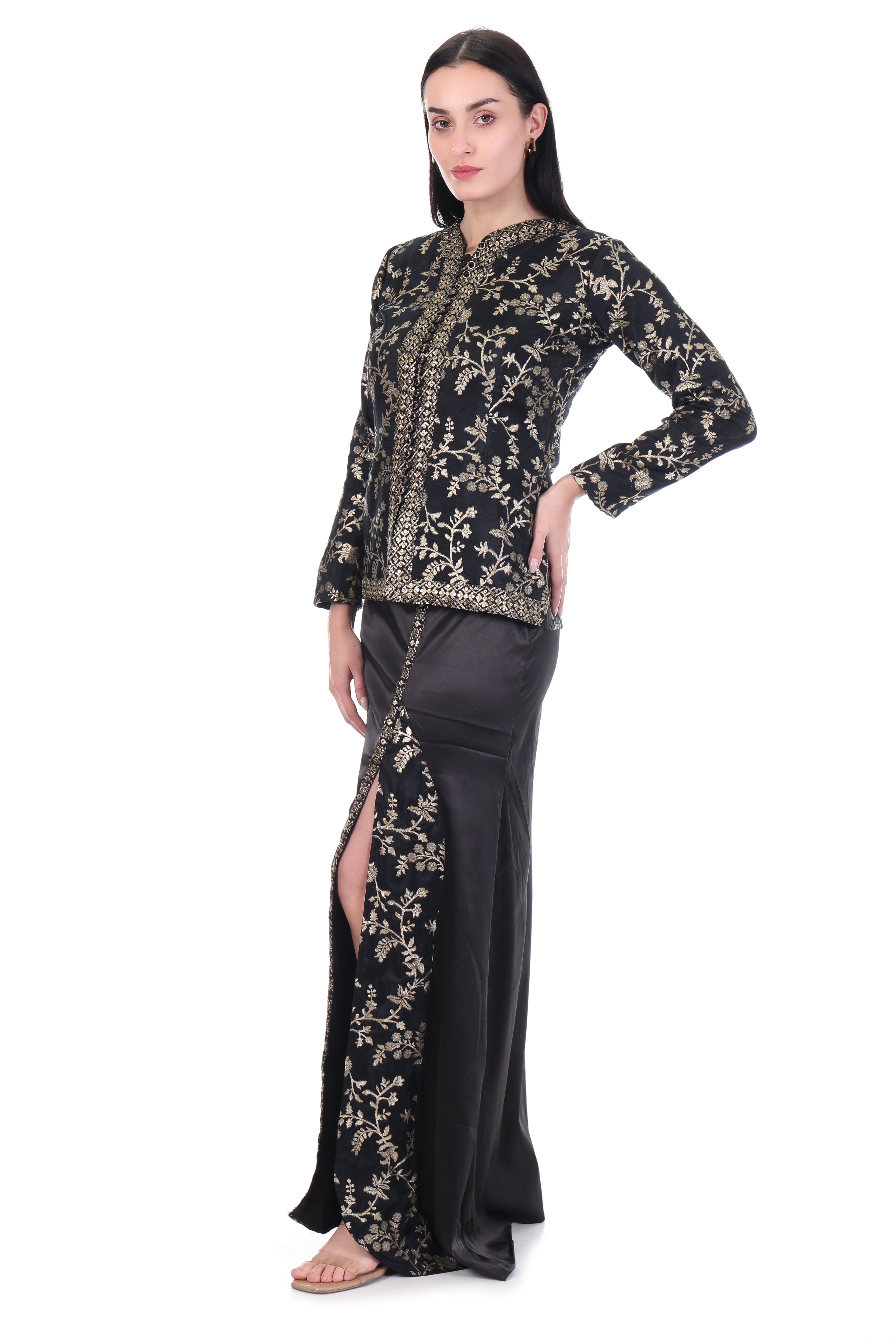 Noir Zariya Embroidered Jacket & Skirt Set