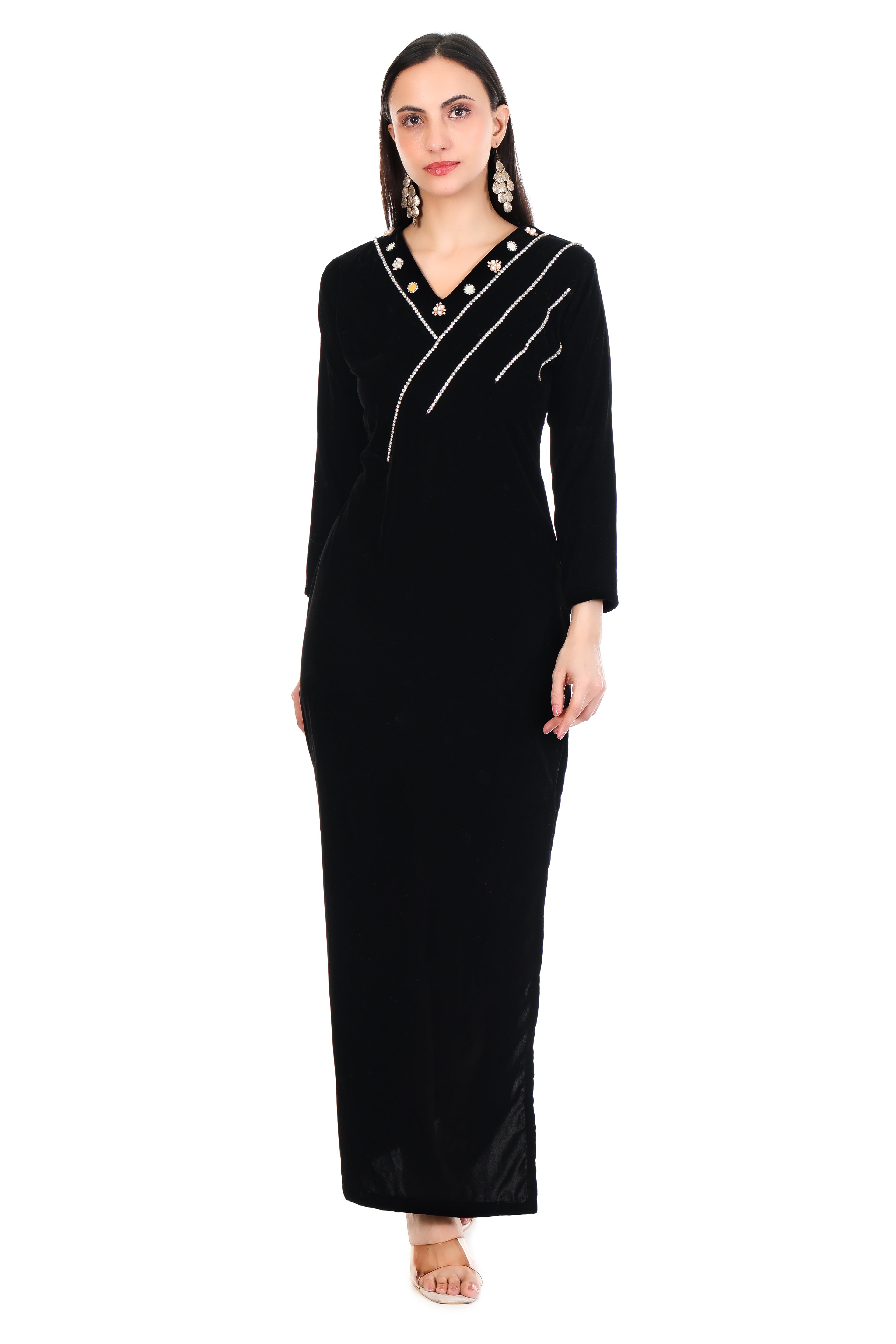 Noir Elegance Embellished Maxi Dress