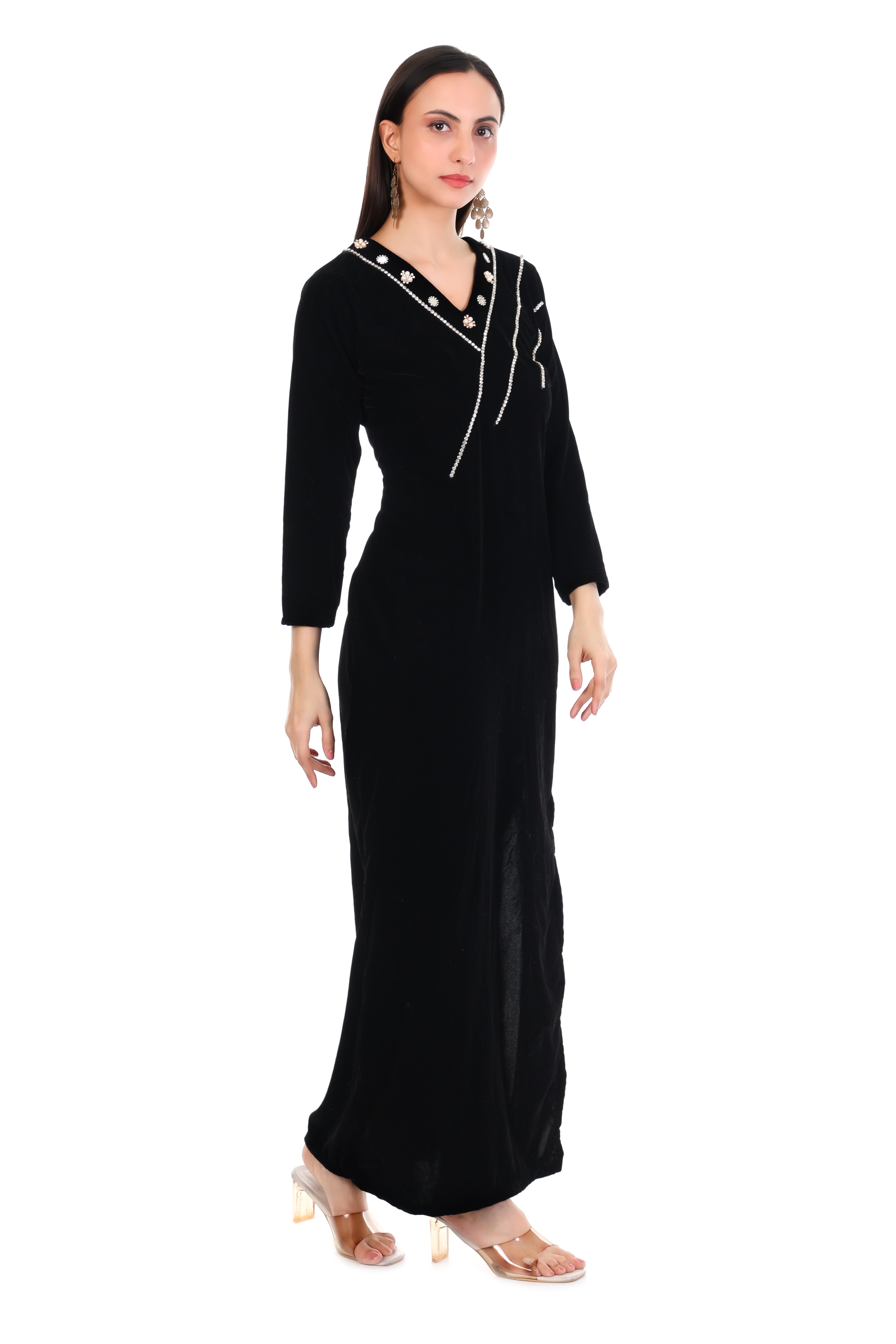 Noir Elegance Embellished Maxi Dress