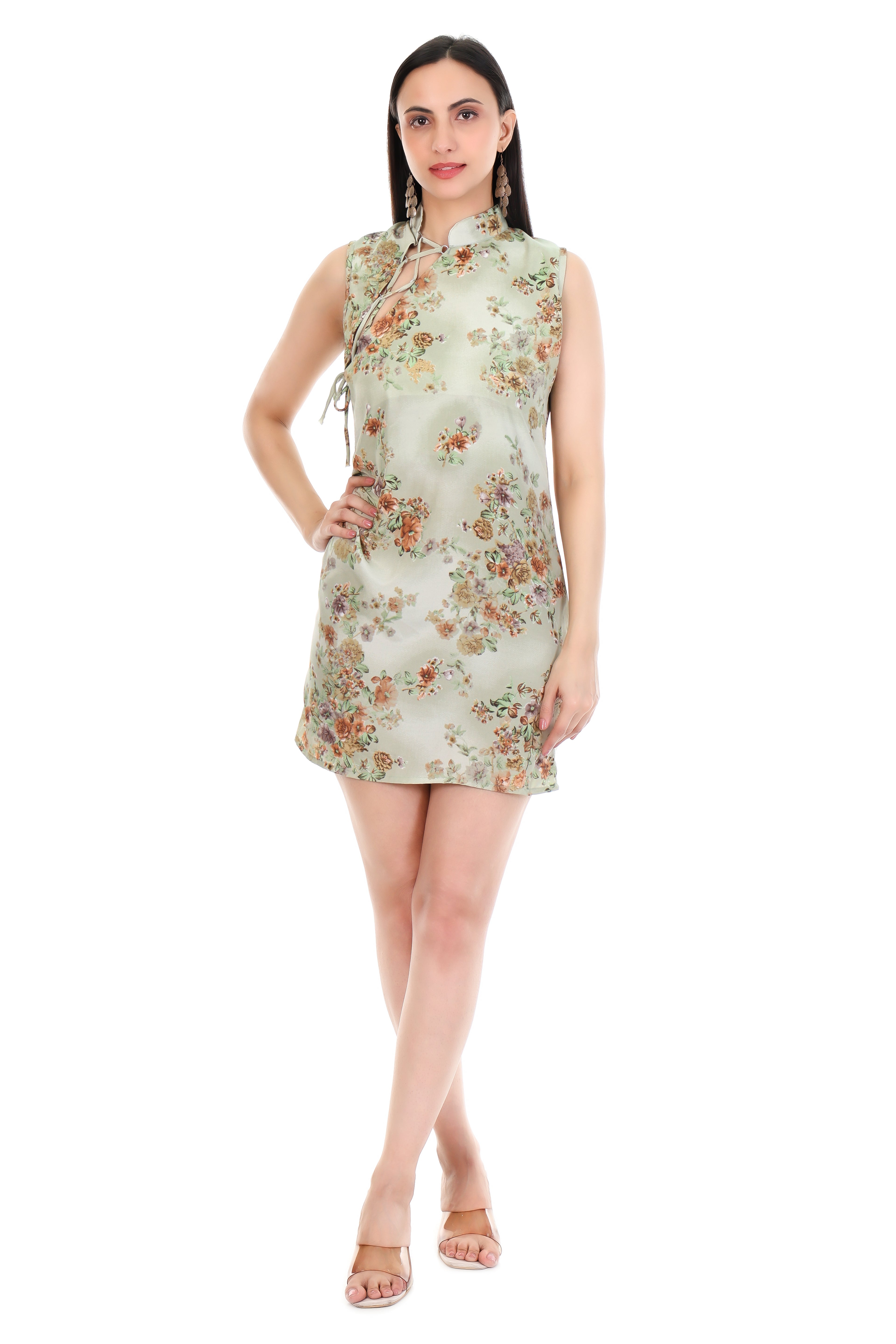 Sage Blossom Mandarin Mini Dress
