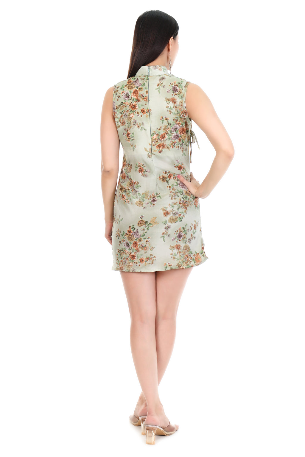 Sage Blossom Mandarin Mini Dress