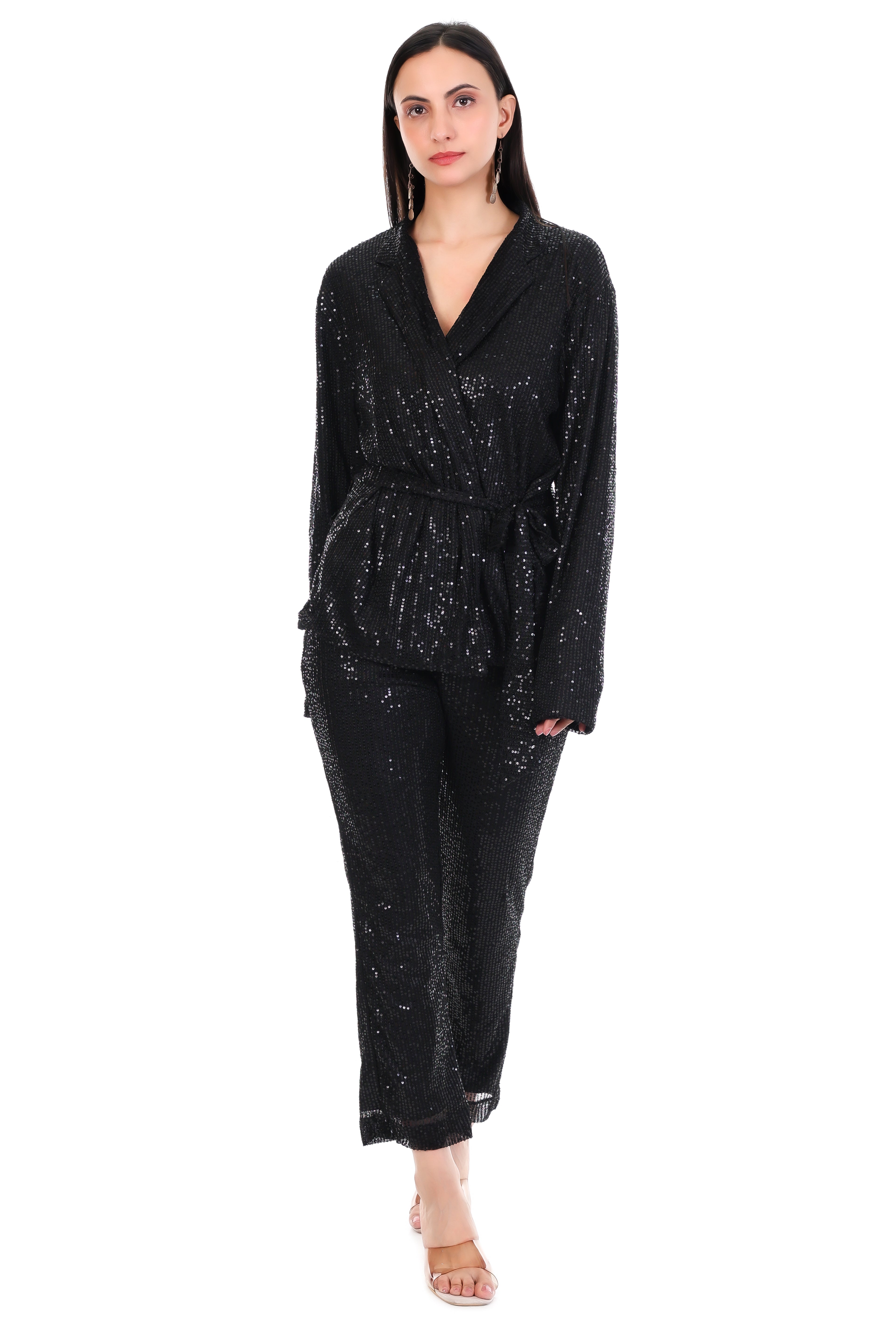 Black Sequin Wrap-Style Co-Ord Set