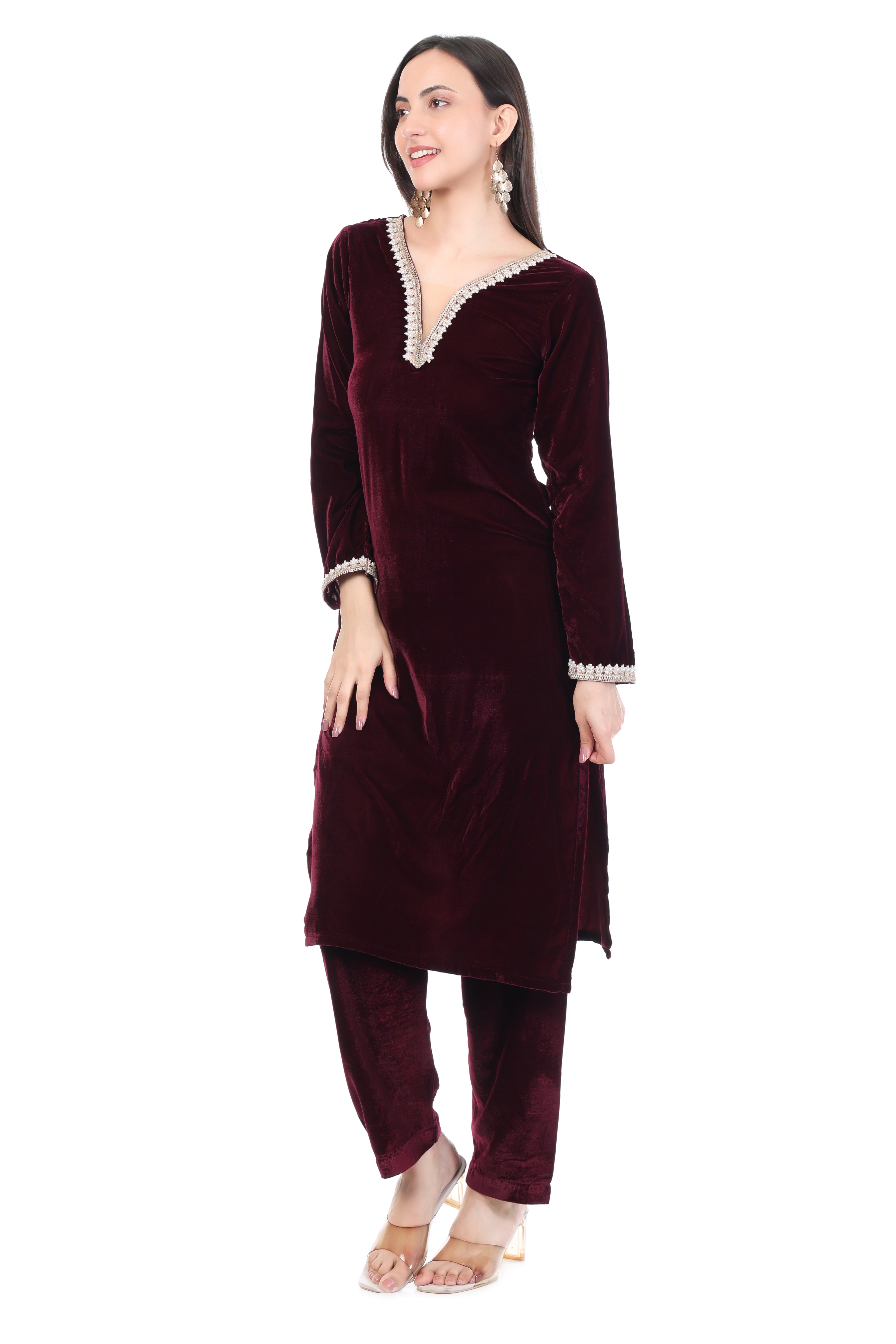 Wine Velvet Kurti Set