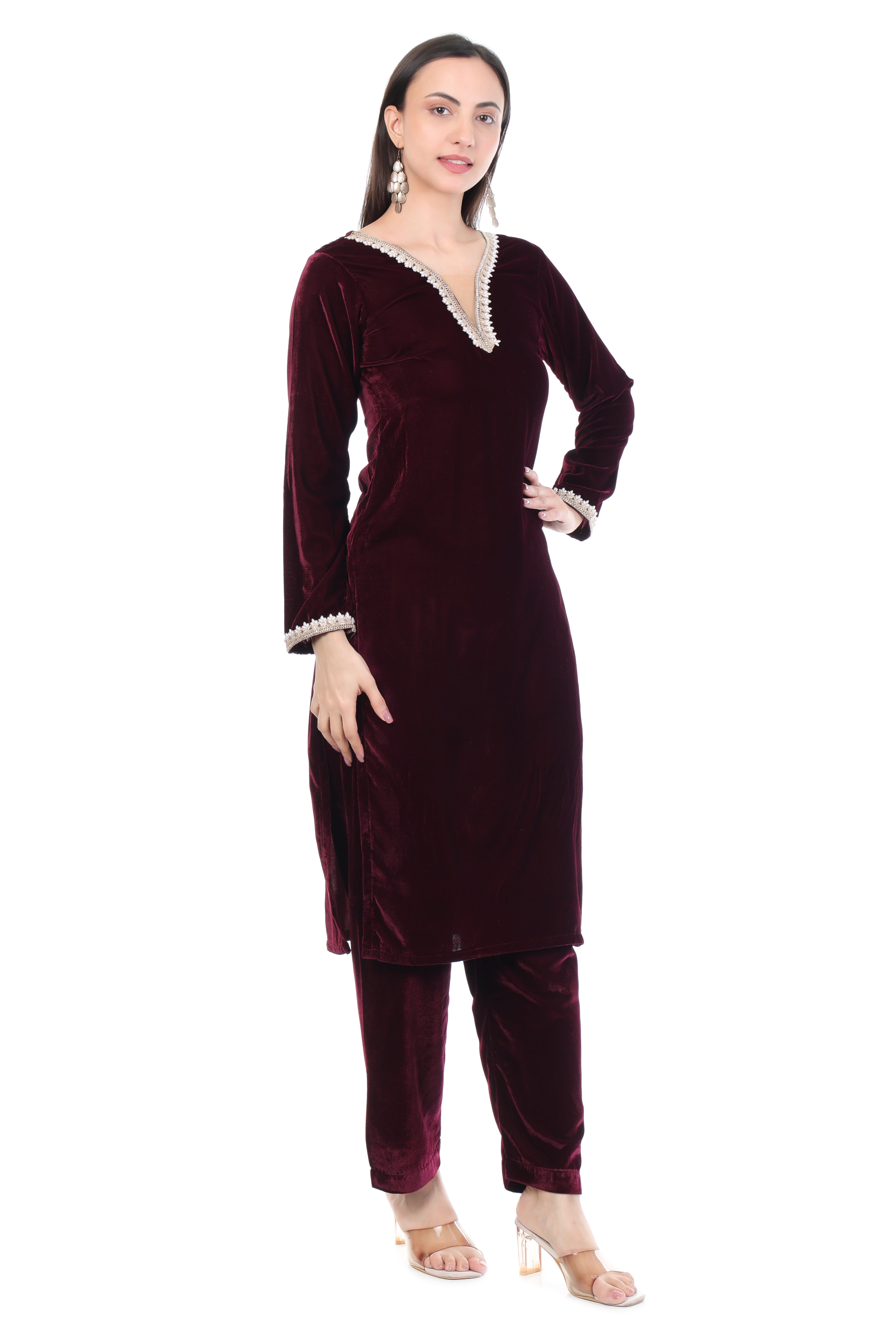 Wine Velvet Kurti Set