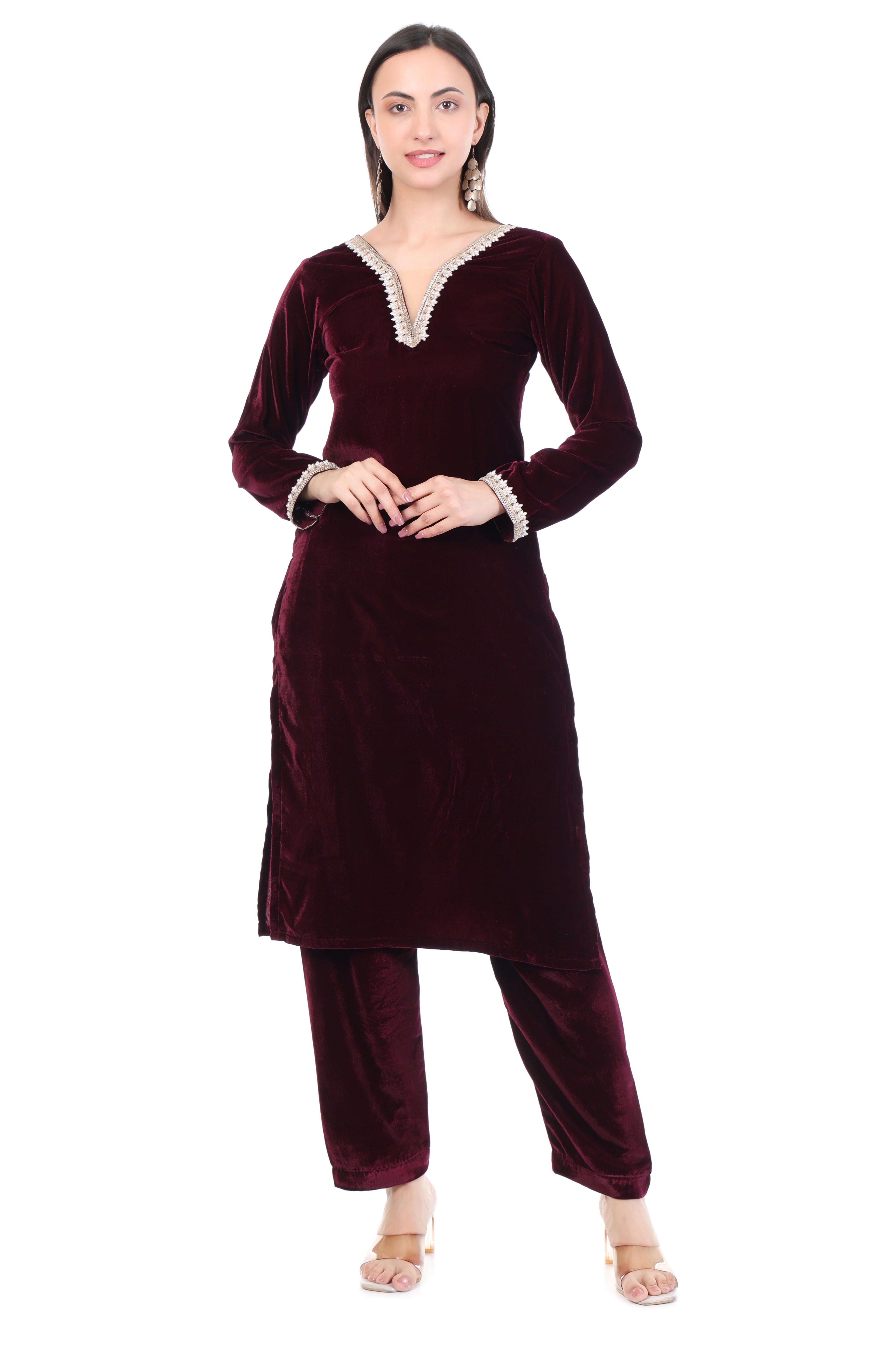 Wine Velvet Kurti Set
