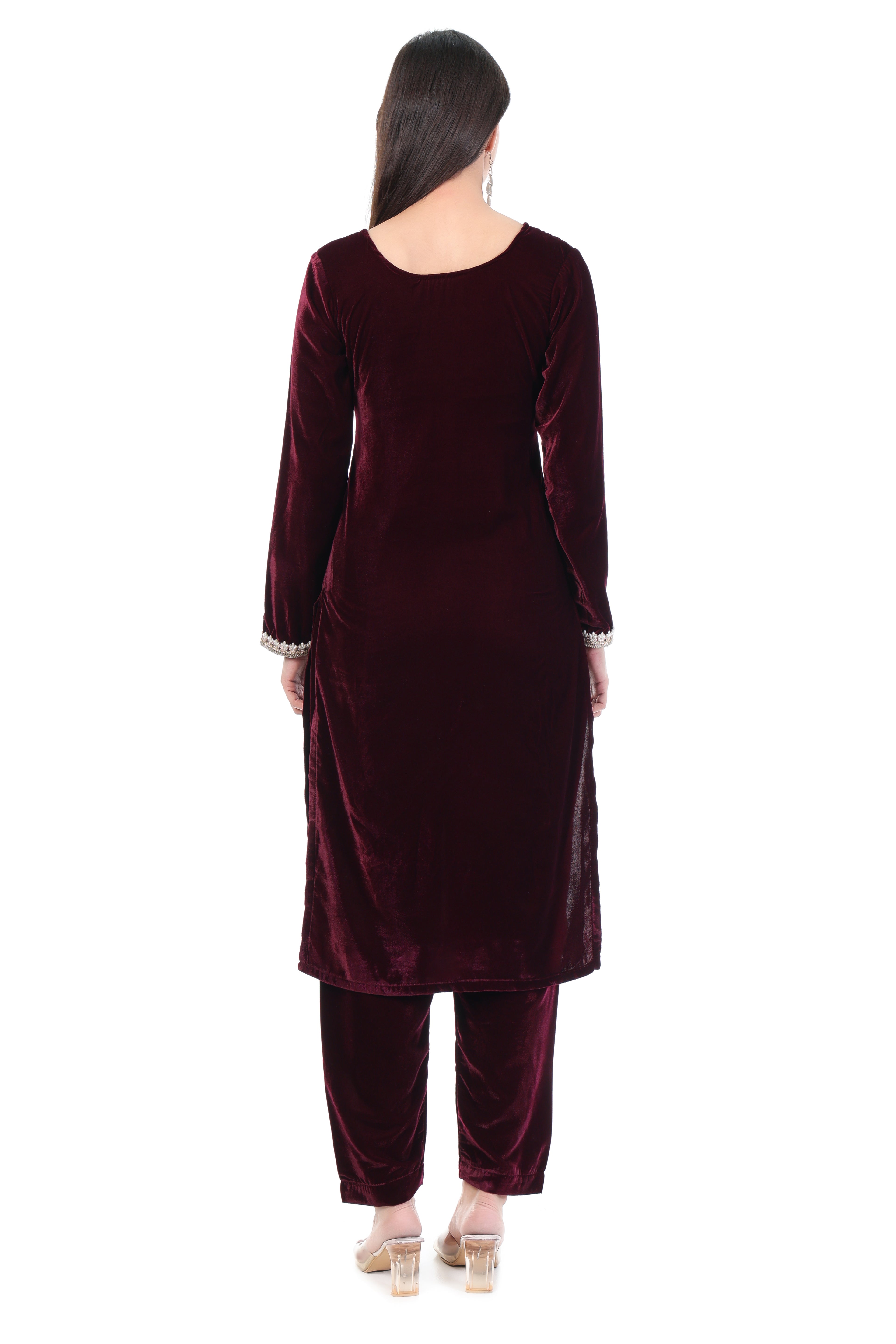 Wine Velvet Kurti Set
