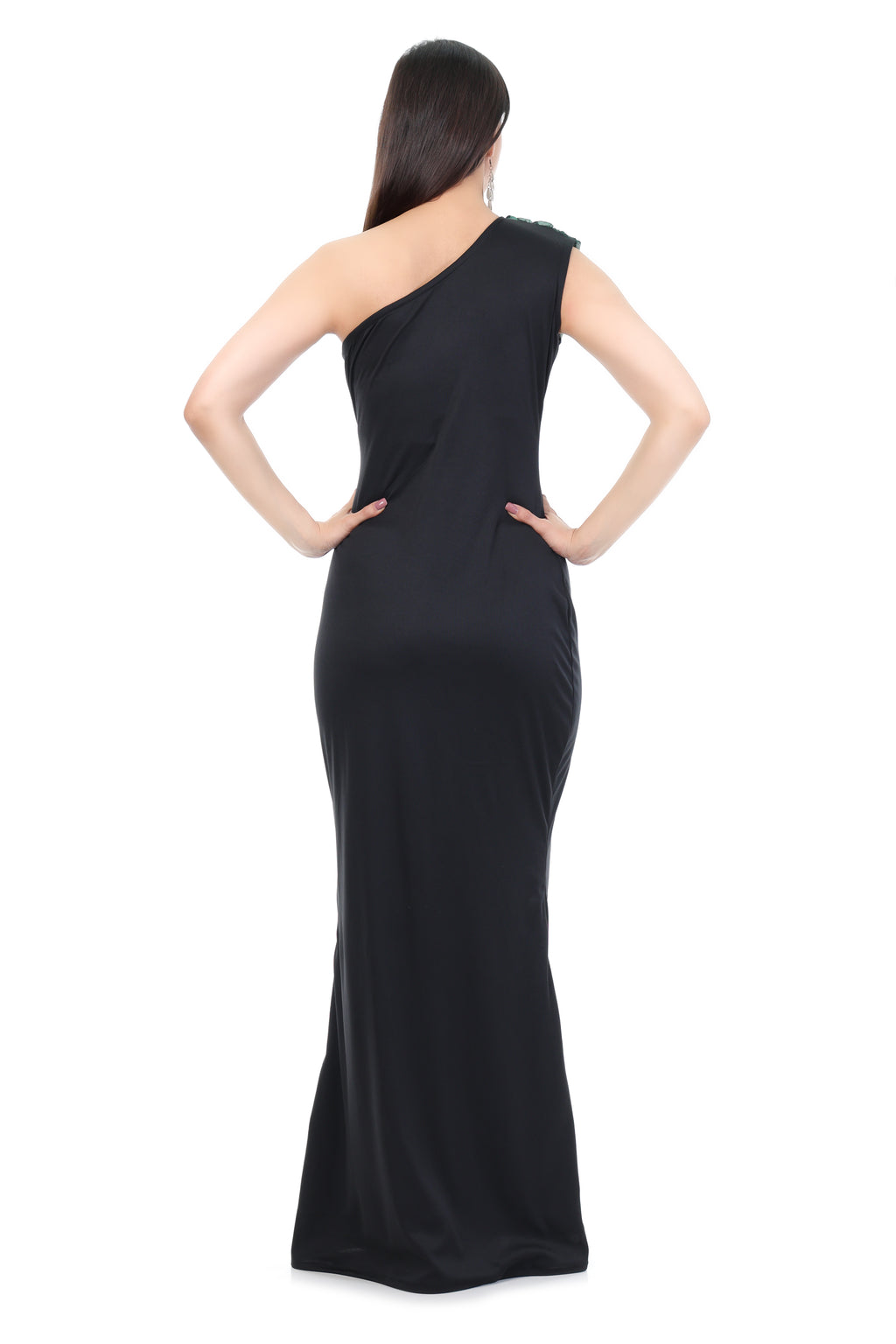 Black One-Shoulder Gown with Emerald Drape