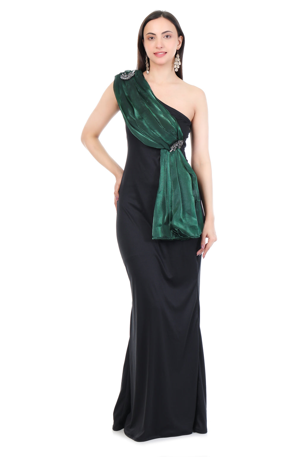 Black One-Shoulder Gown with Emerald Drape