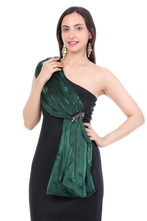 Black One-Shoulder Gown with Emerald Drape