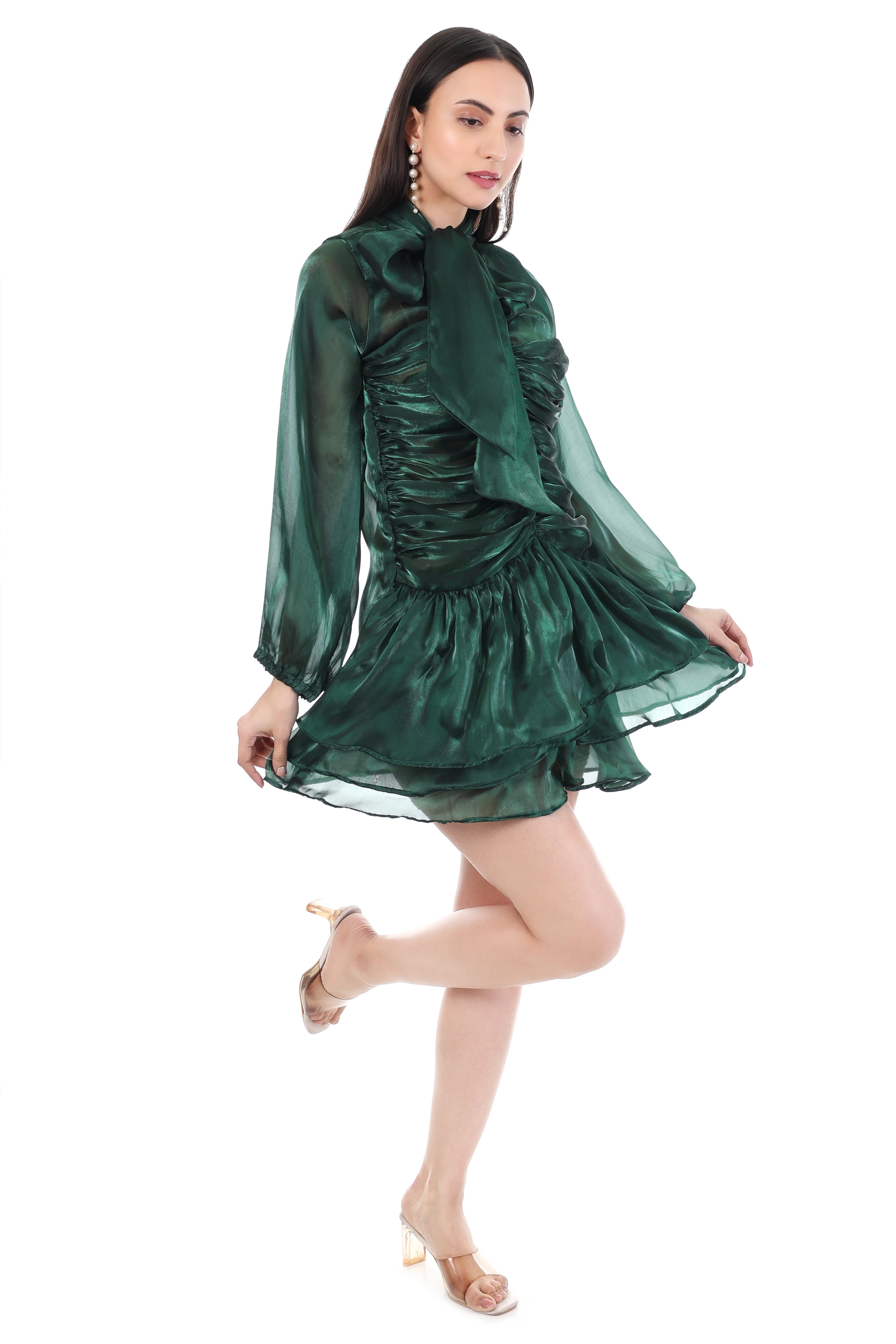 Emerald Ruche Tie-Neck Mini Dress