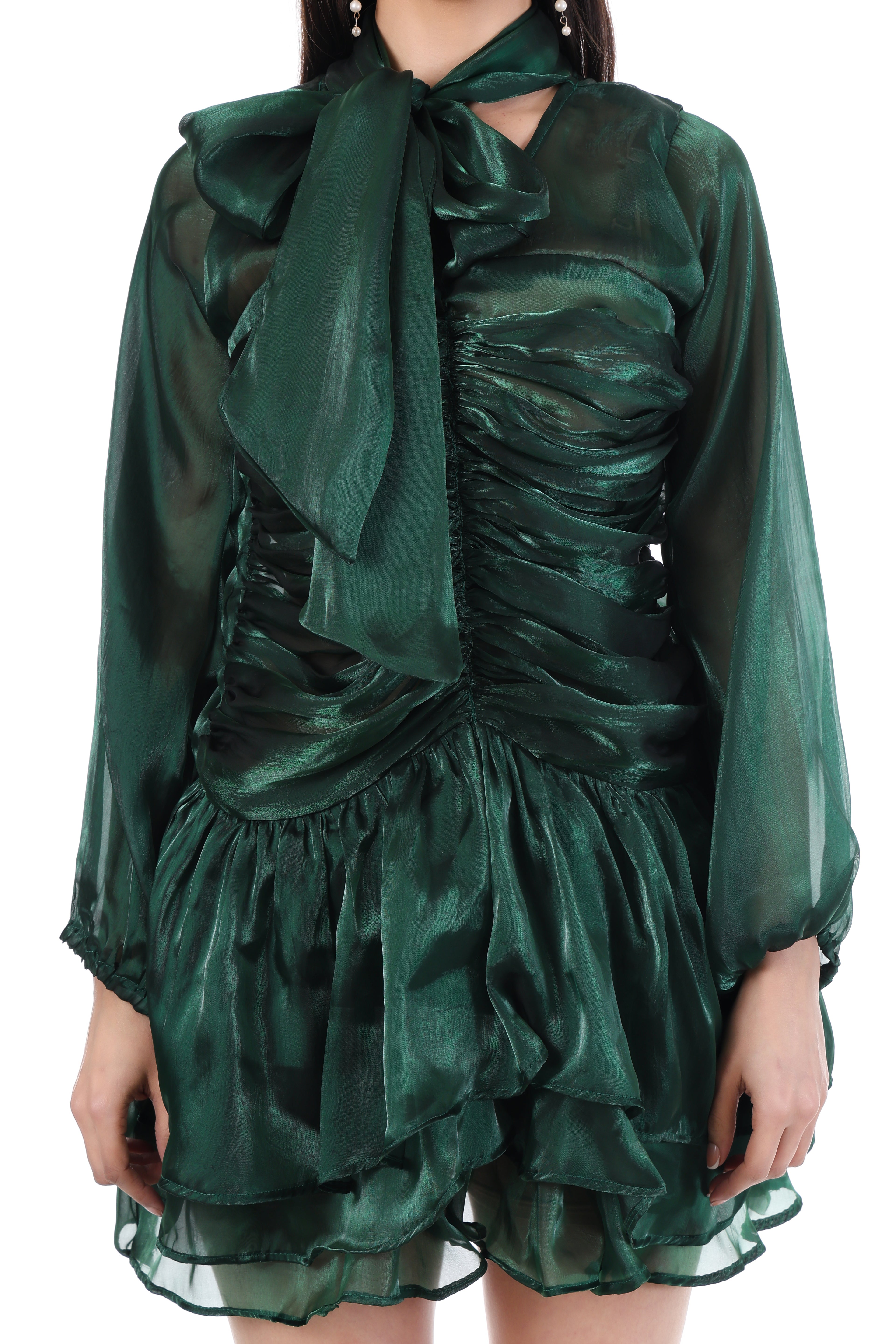 Emerald Ruche Tie-Neck Mini Dress