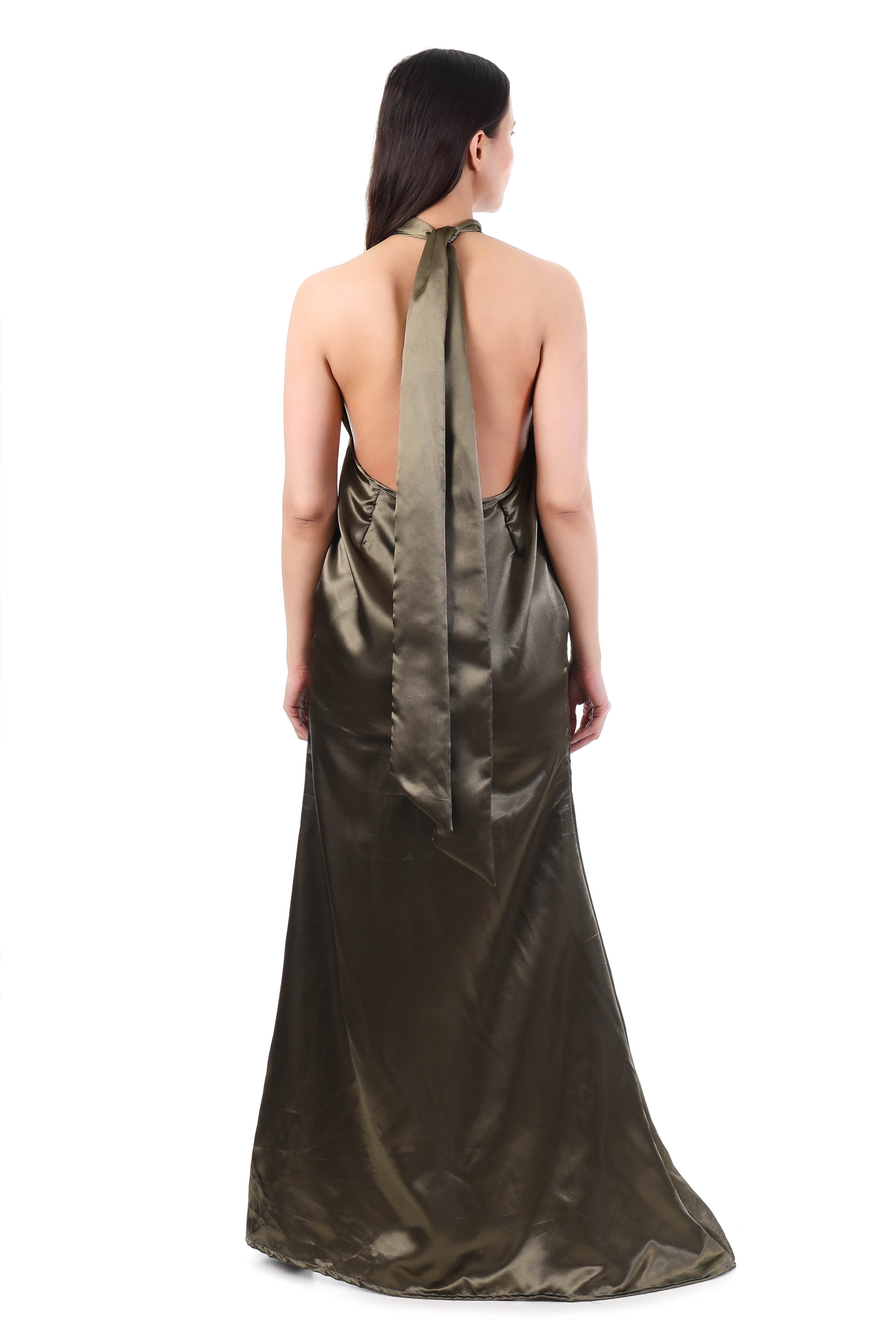 Olive Satin Halter Dress