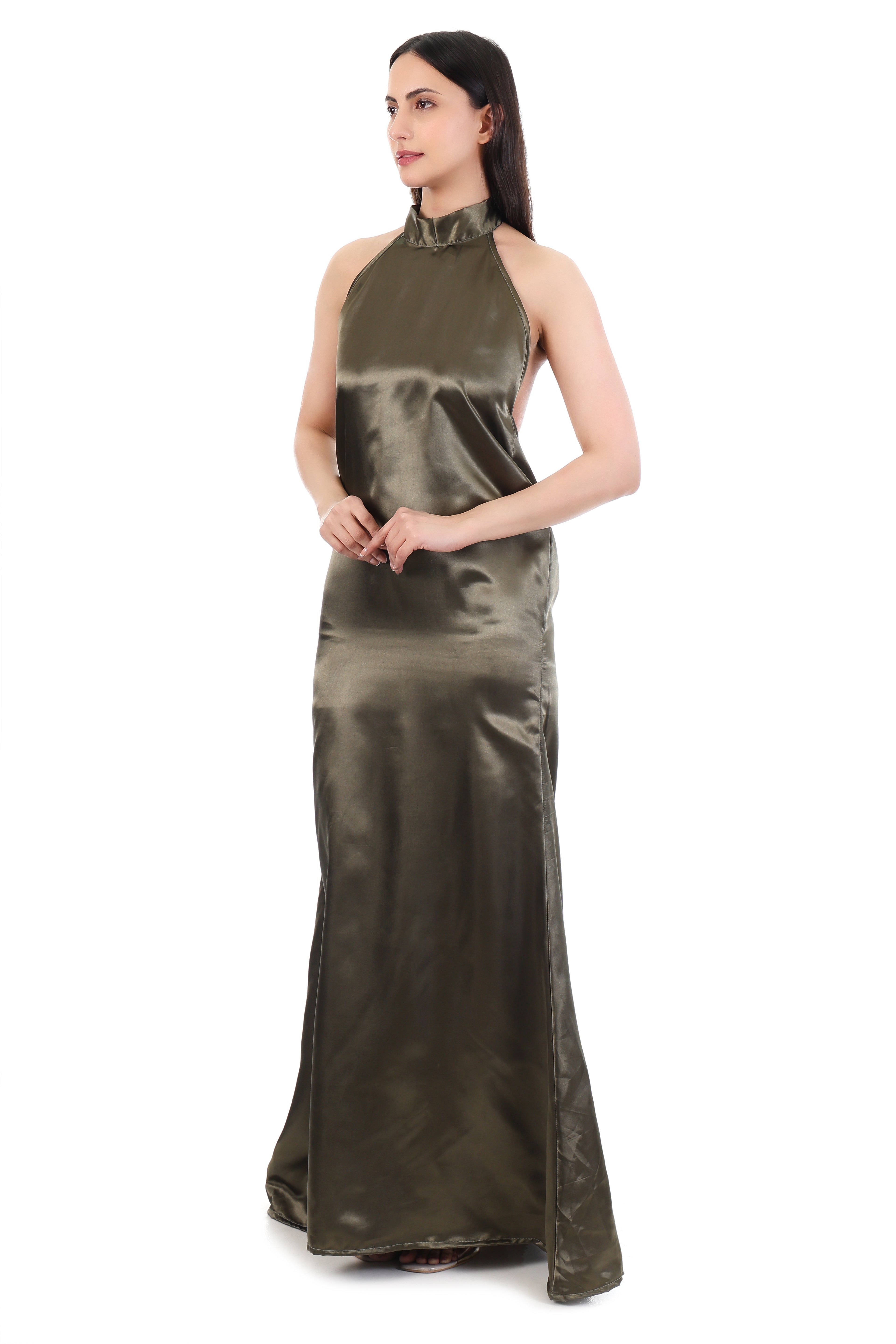 Olive Satin Halter Dress