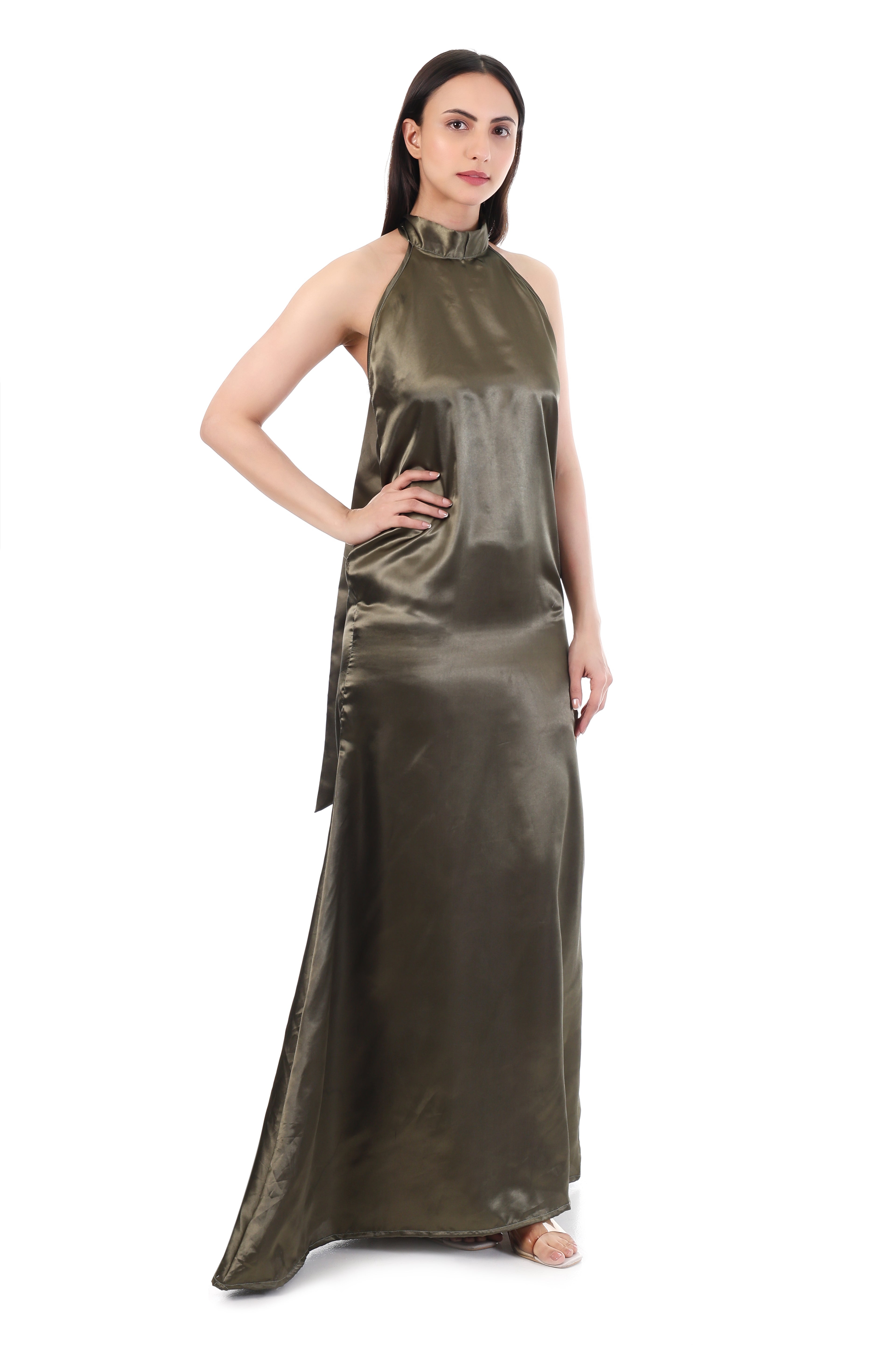 Olive Satin Halter Dress