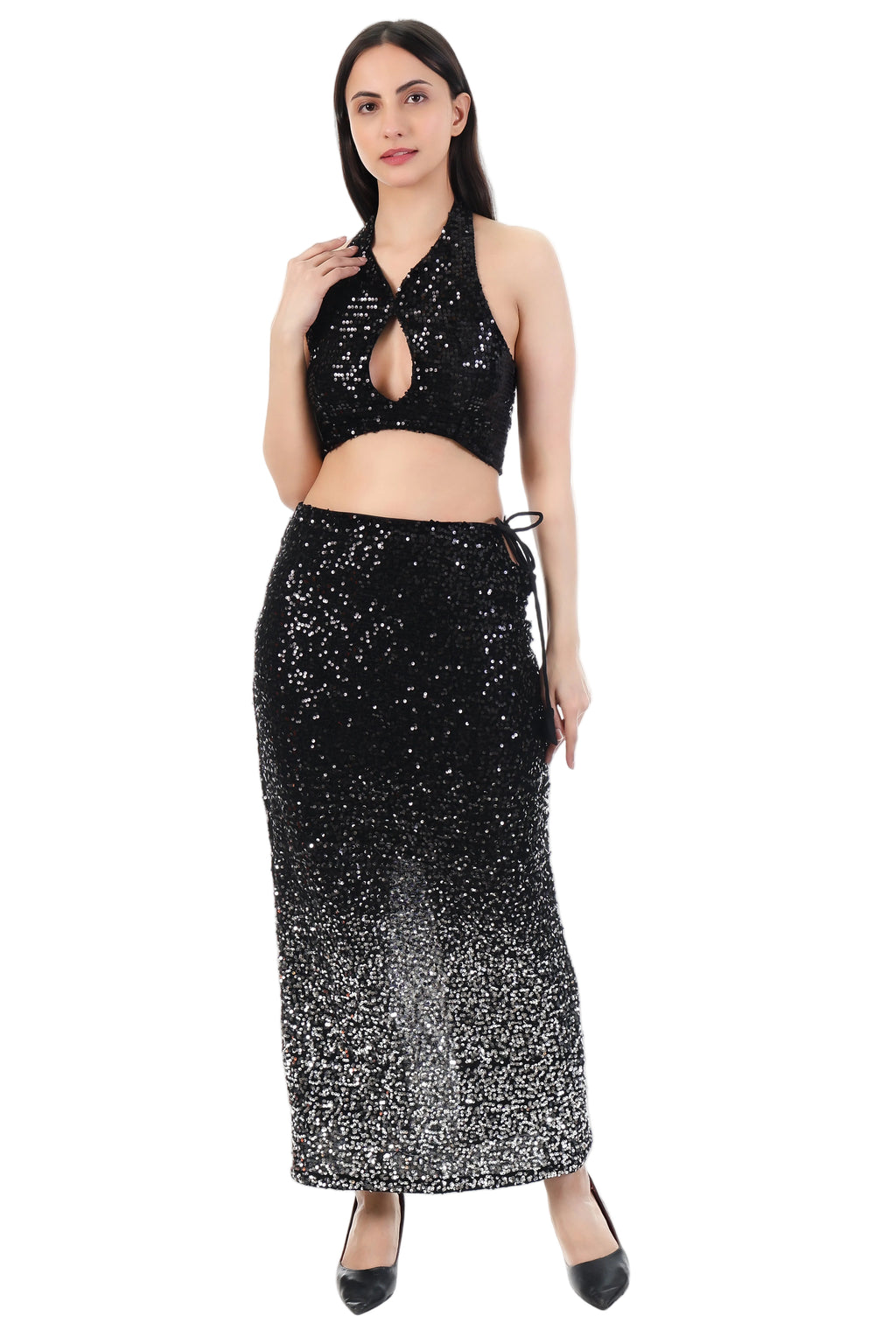 Black-Silver Sequin Halter Neck Skirt Set