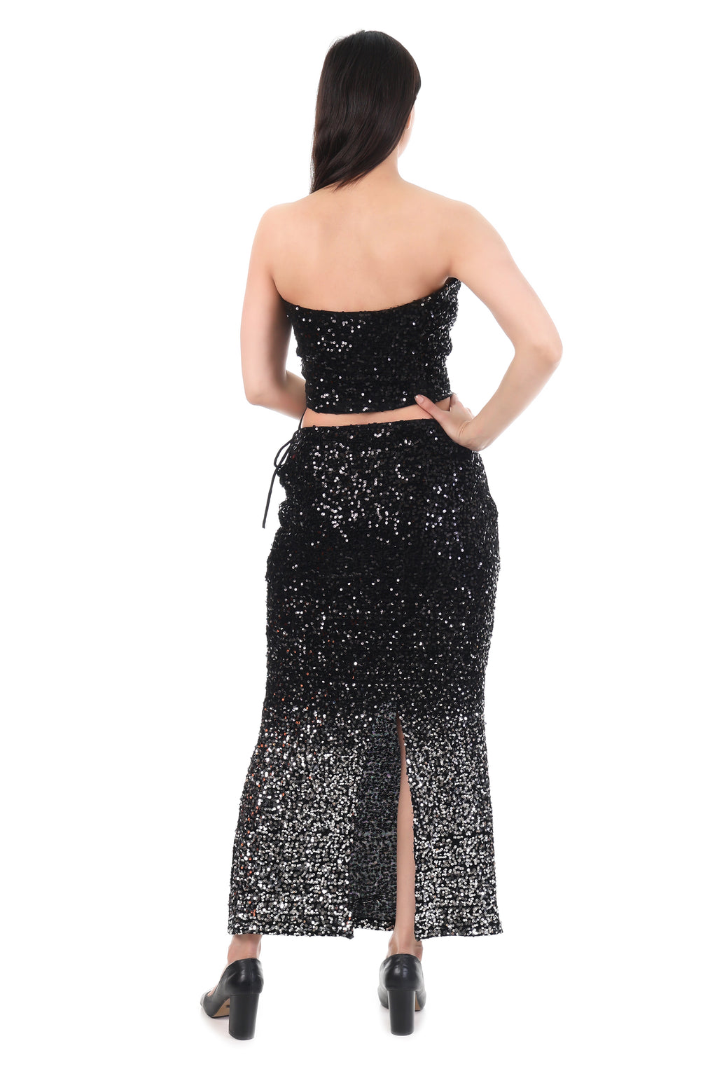 Black-Silver Sequin Strapless Co-Ord Set