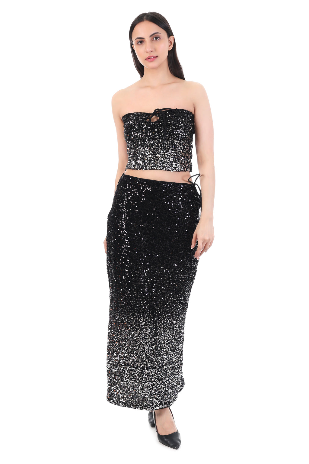 Black-Silver Sequin Strapless Co-Ord Set