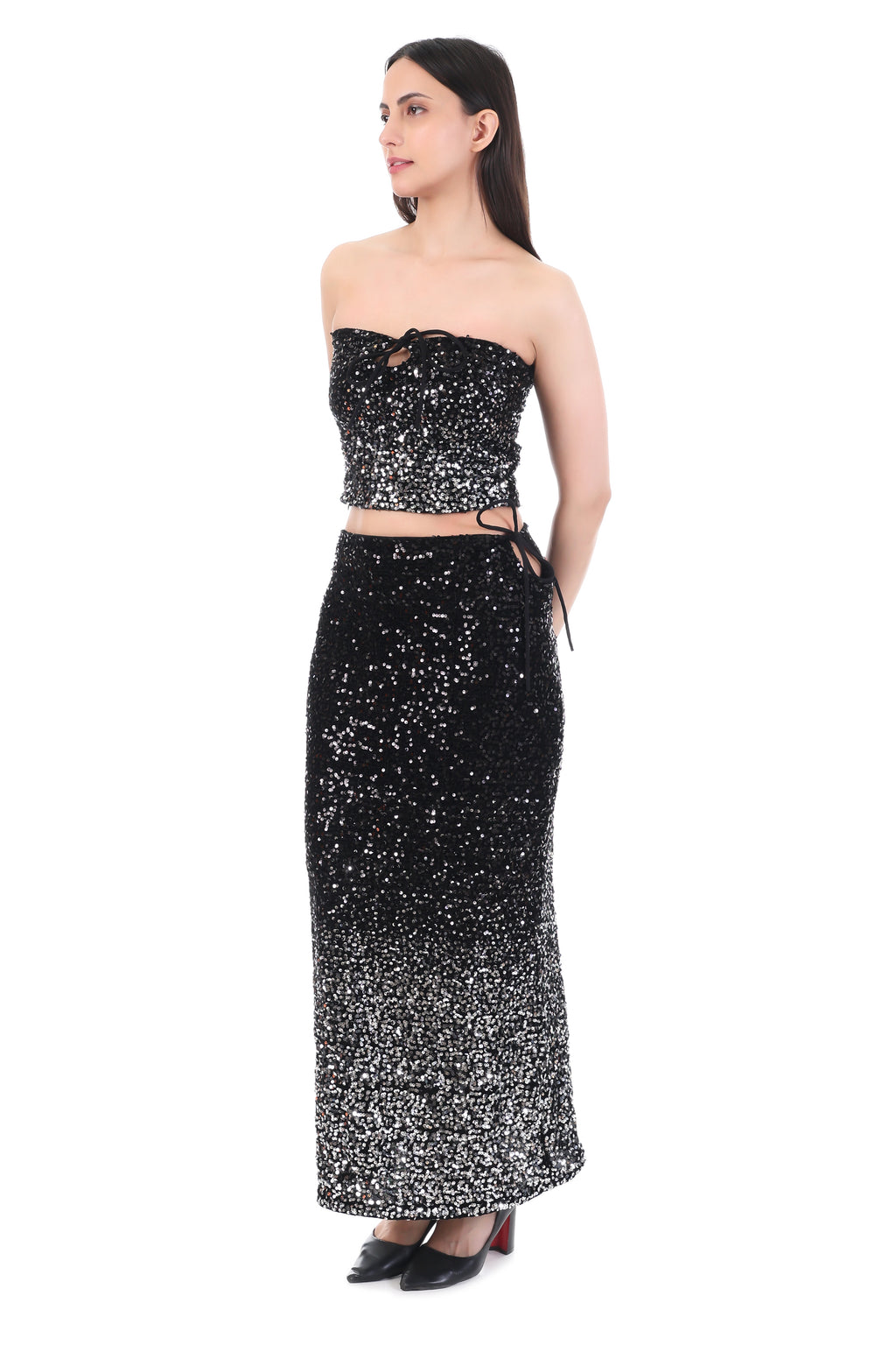 Black-Silver Sequin Strapless Co-Ord Set