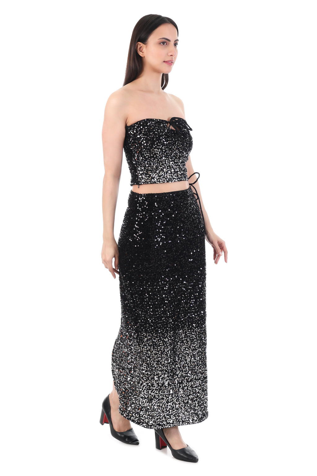 Black-Silver Sequin Strapless Co-Ord Set
