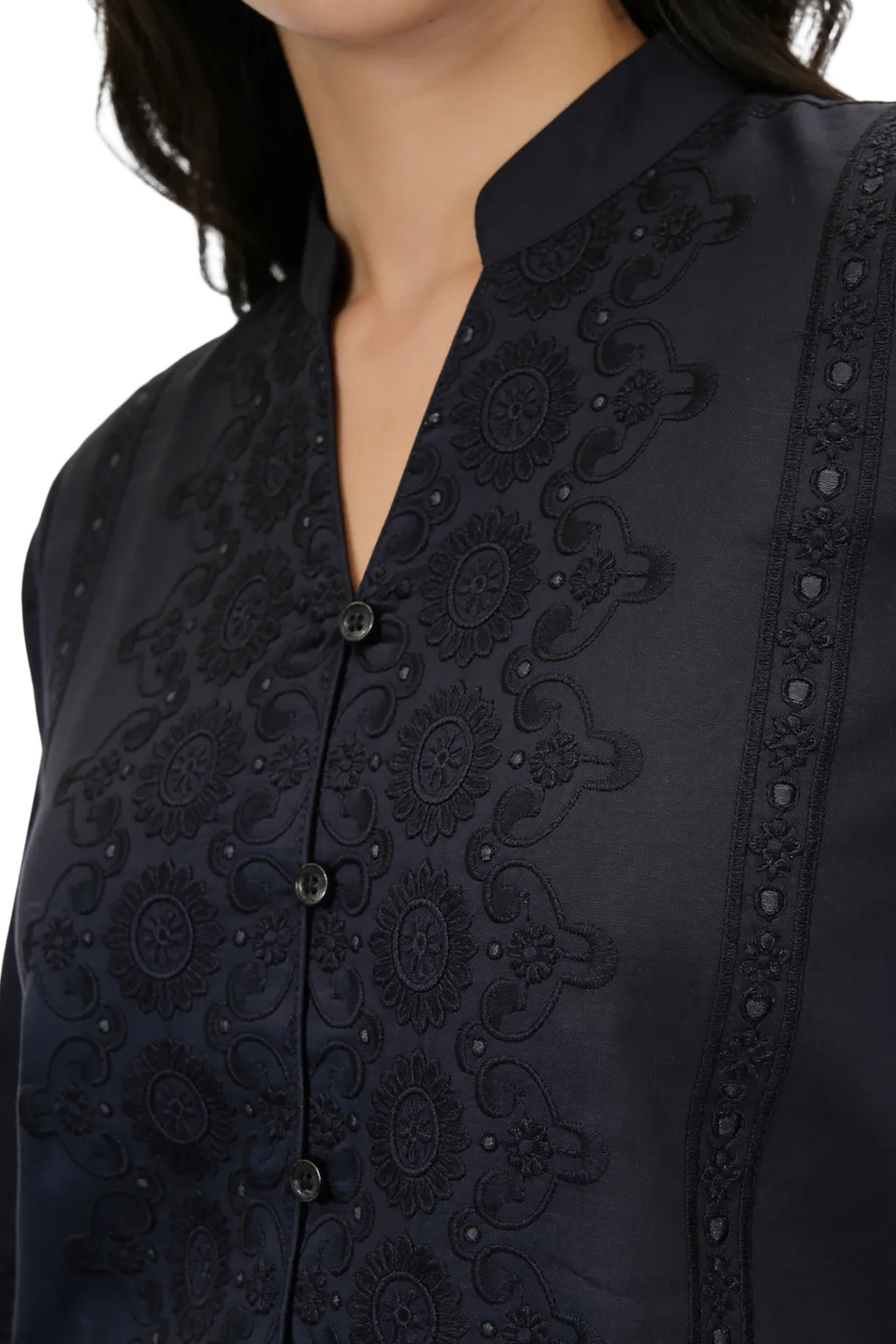 Noir Élan Embroidered Band-Collar Shirt