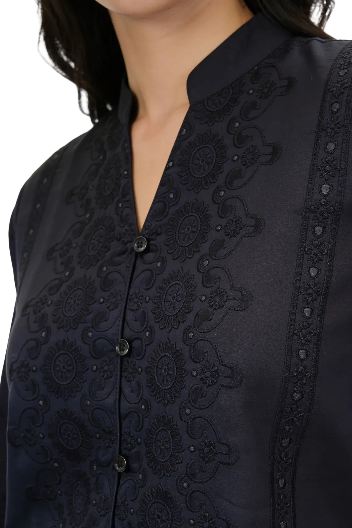 Noir Élan Embroidered Band-Collar Shirt